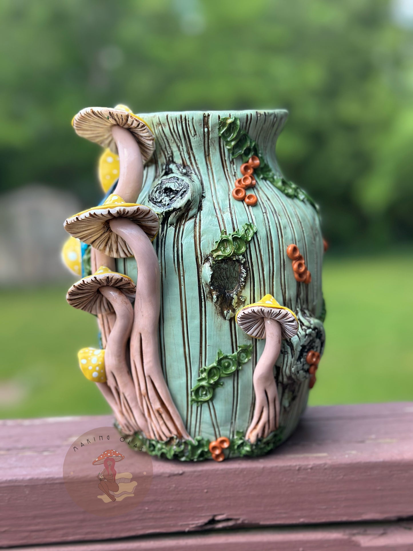 Vase | Yellow Mushrooms on Sage Wood with Triple Ocean Agates