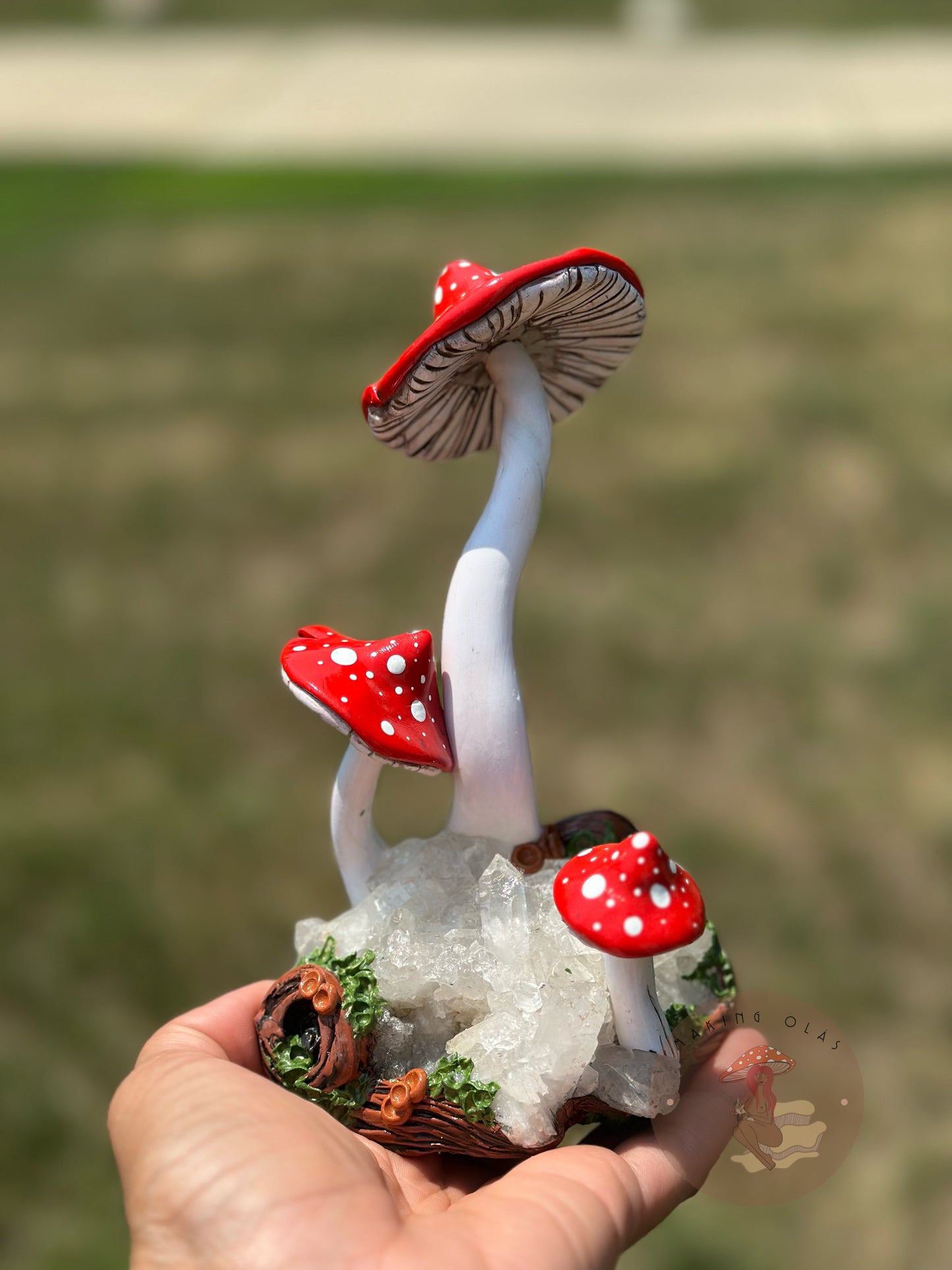 Quartz Cluster with Red Mushrooms Sculpture