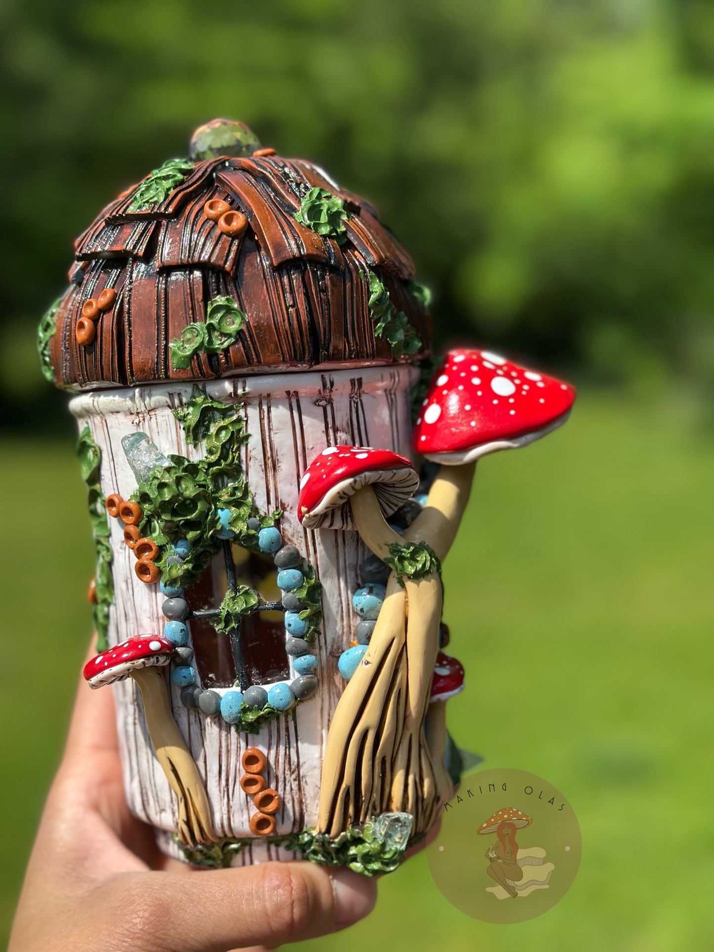 Jar | Sky Blue Door with Red Mushrooms Canopy and Thatch Roof lid