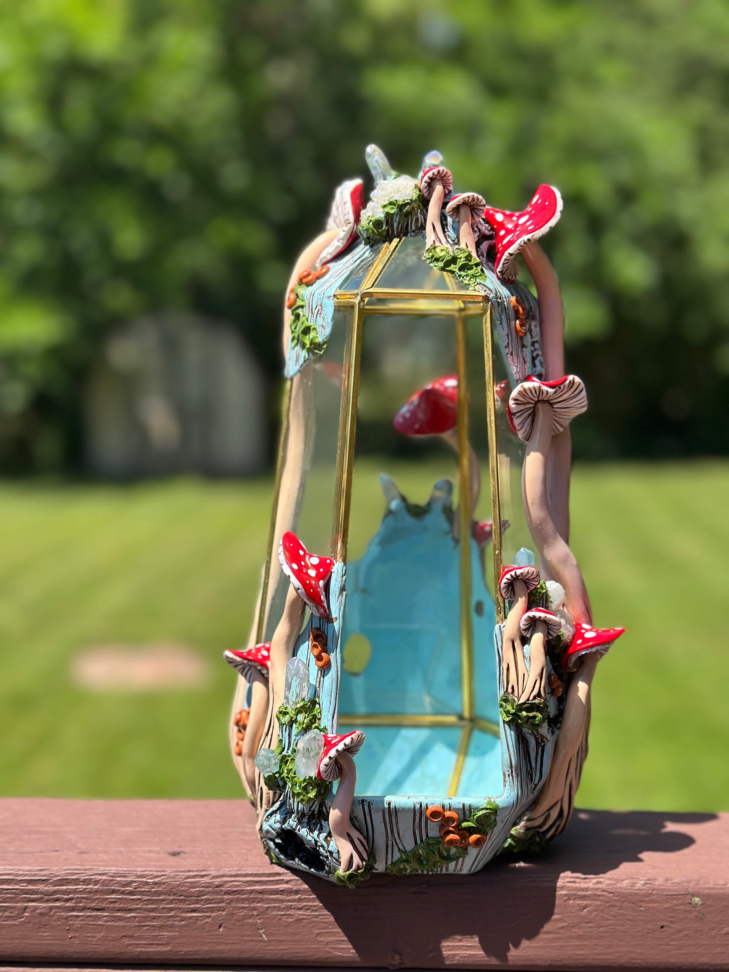 Terrarium | Skyblue Wood with Red Mushies Quartz + Quartz Clusters