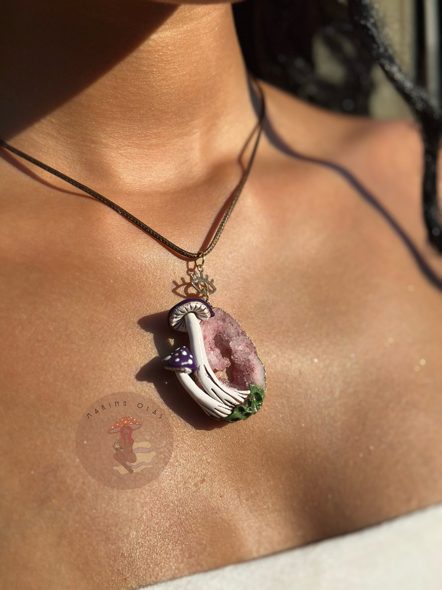 Necklace | Light Pink Quartz Cluster with Purple Mushrooms