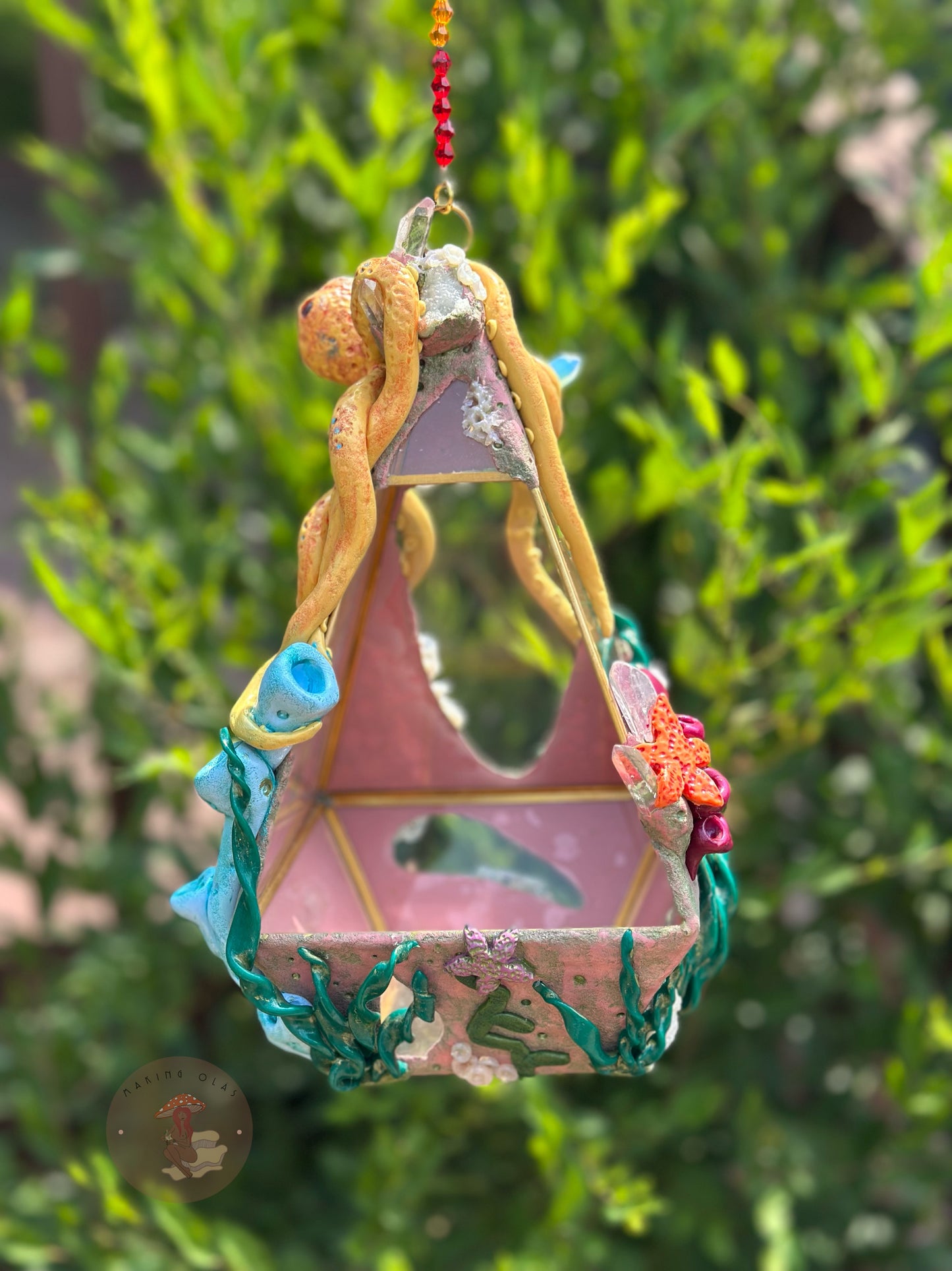 Hanging Terrarium | Yellow Octopus Ocean Floor with Quartz, Clusters and Opalite