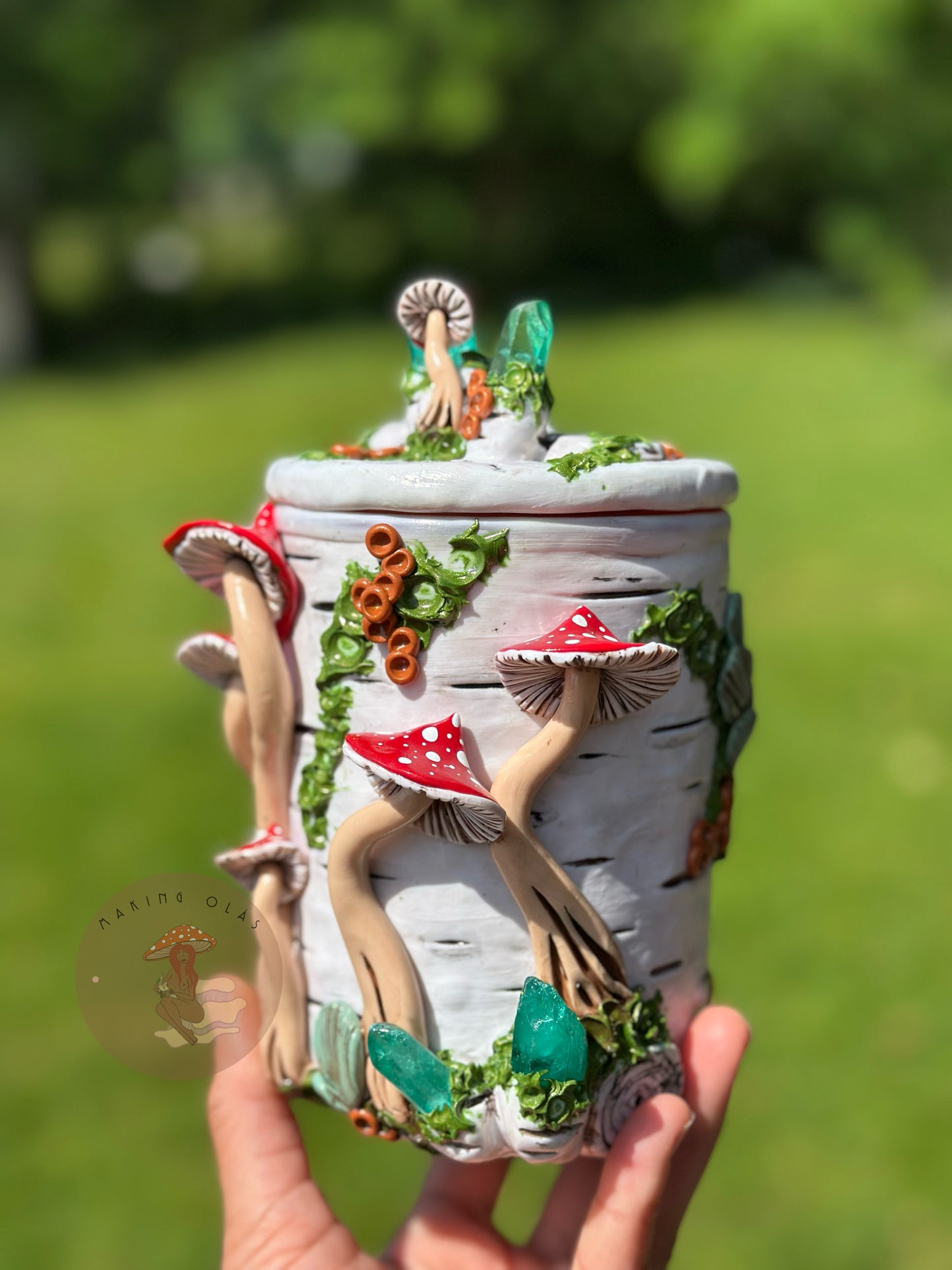 Jar | Red Mushrooms on Birch Wood with Green Quartz
