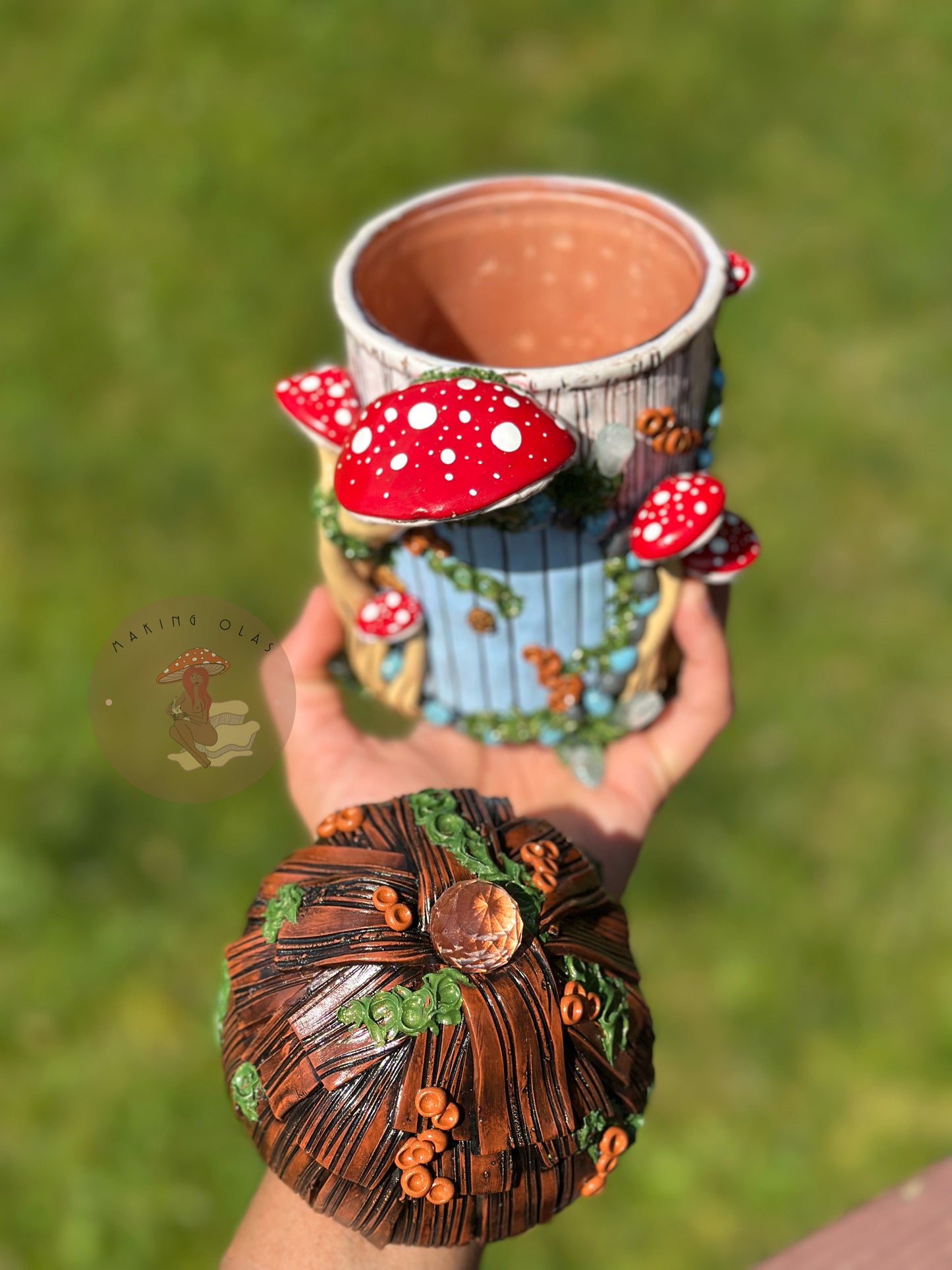 Jar | Sky Blue Door with Red Mushrooms Canopy and Thatch Roof lid