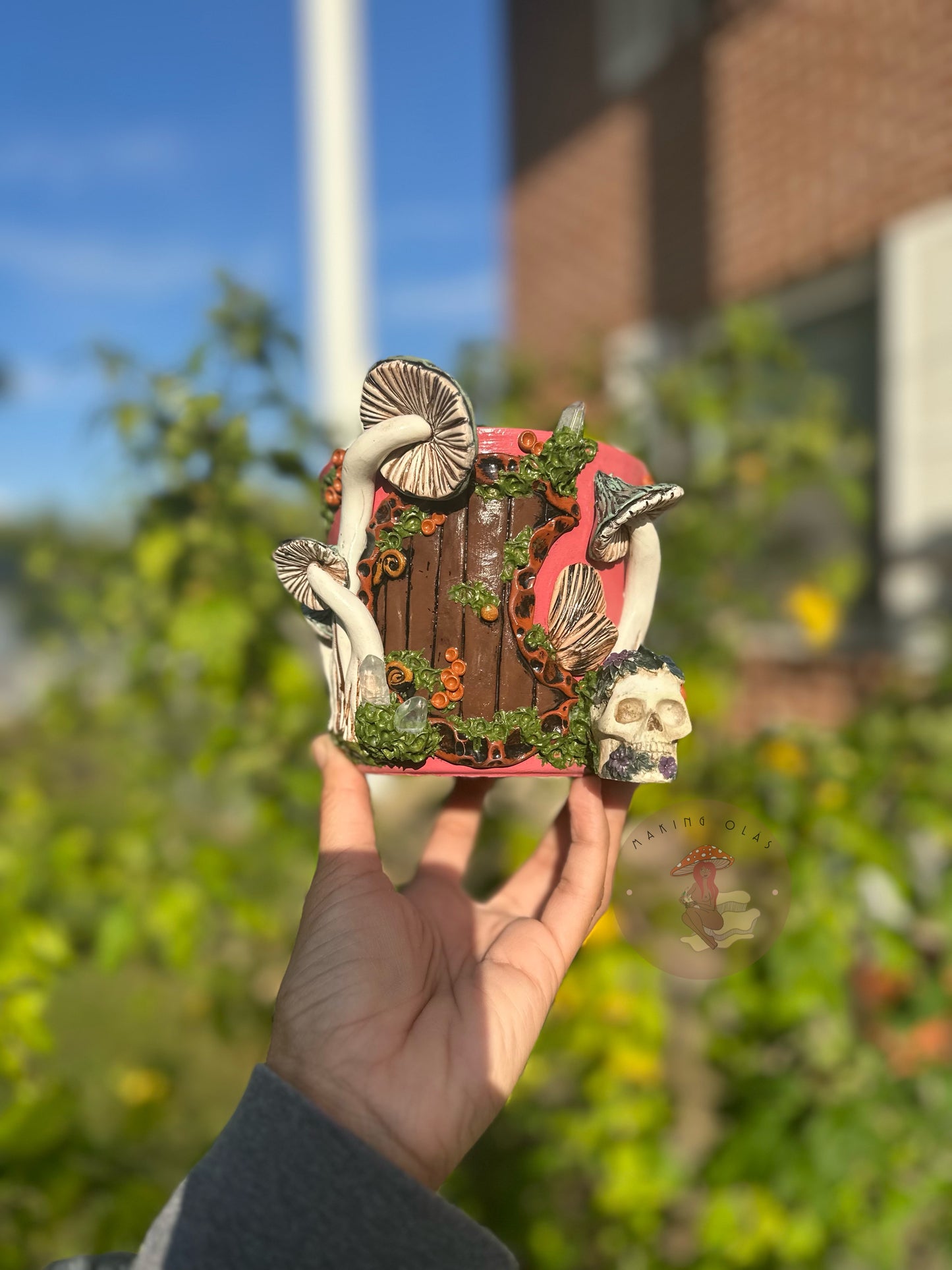 Plant Pot | 4” tall Fairy House with light Jade Mushies Quartz + skull