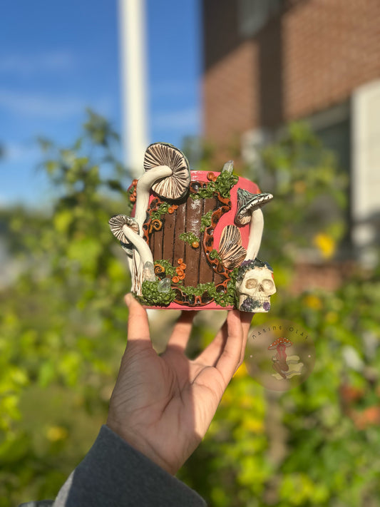 Plant Pot | 4” tall Fairy House with light Jade Mushies Quartz + skull