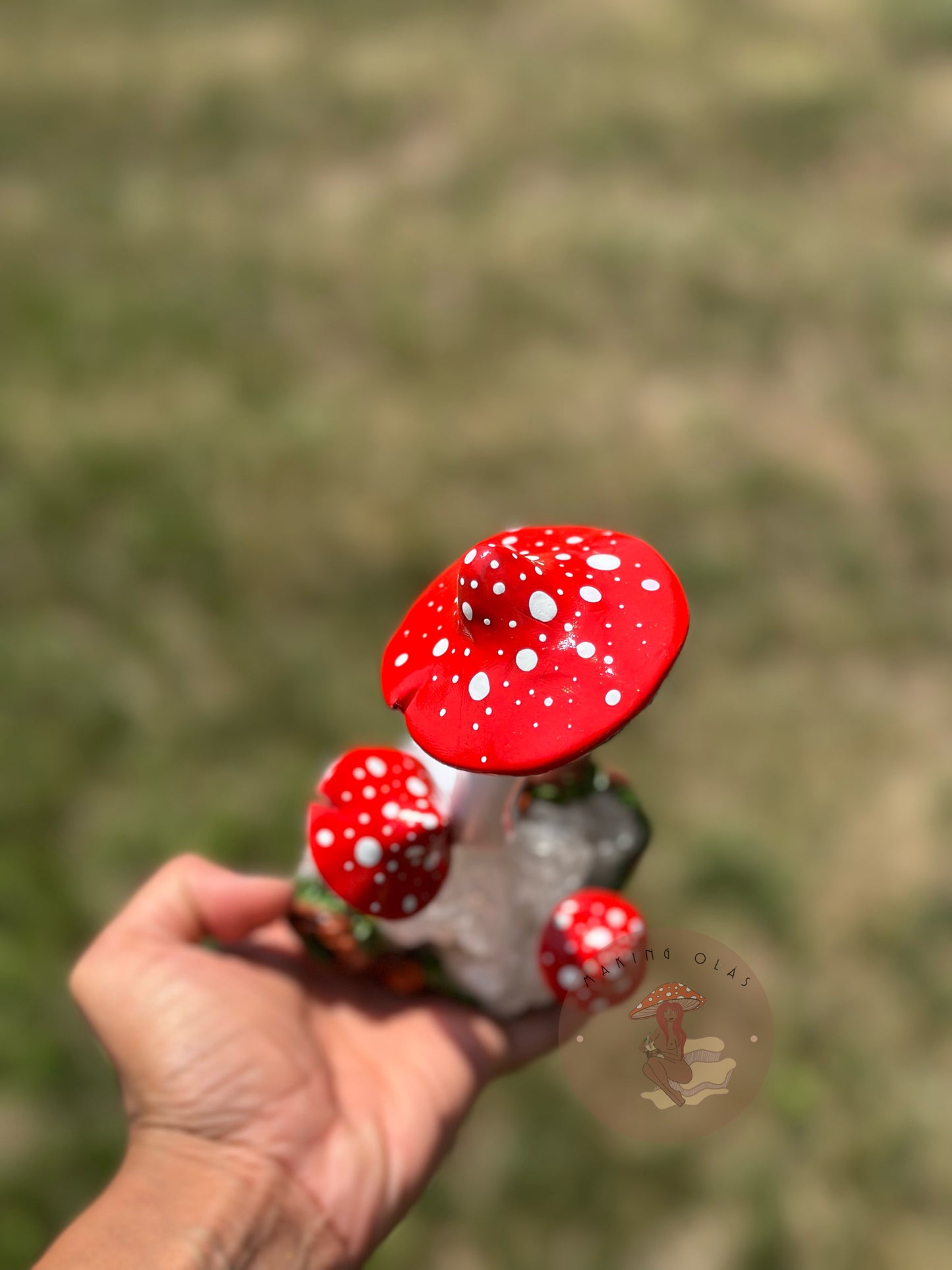 Quartz Cluster with Red Mushrooms Sculpture