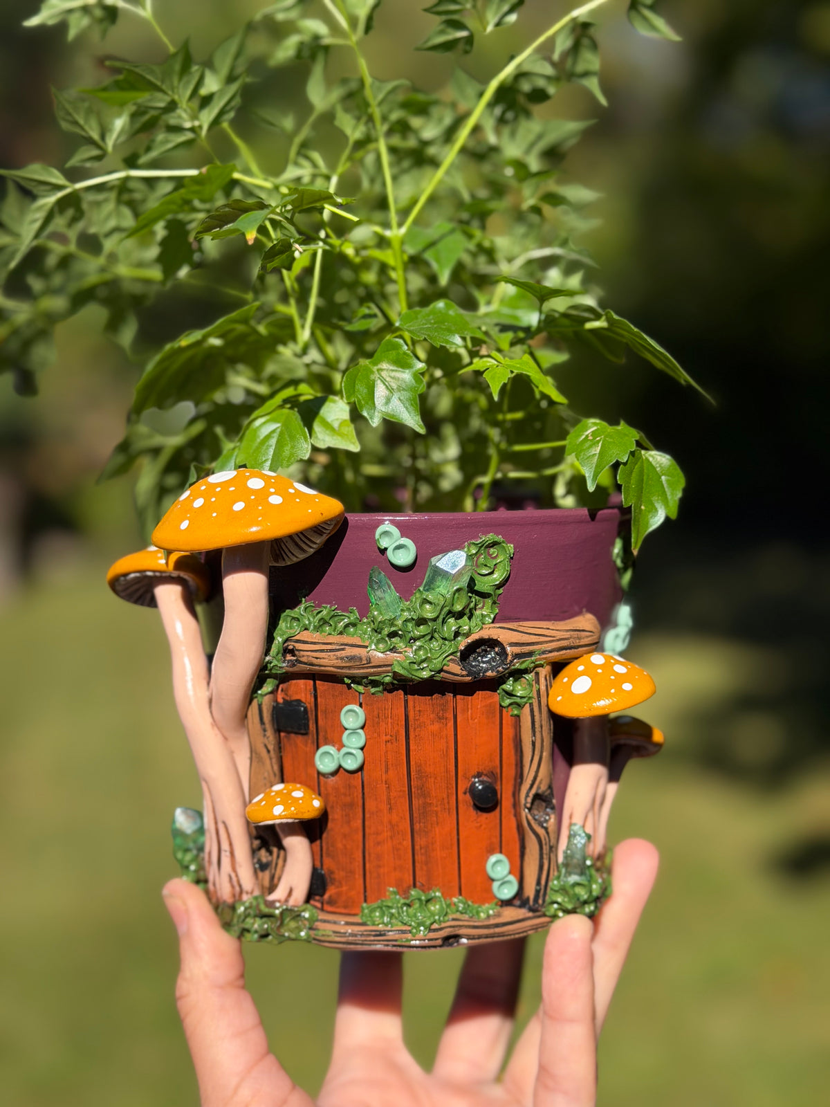 Plant Pot | Yellow Mushrooms + Quartz Fairy House Door