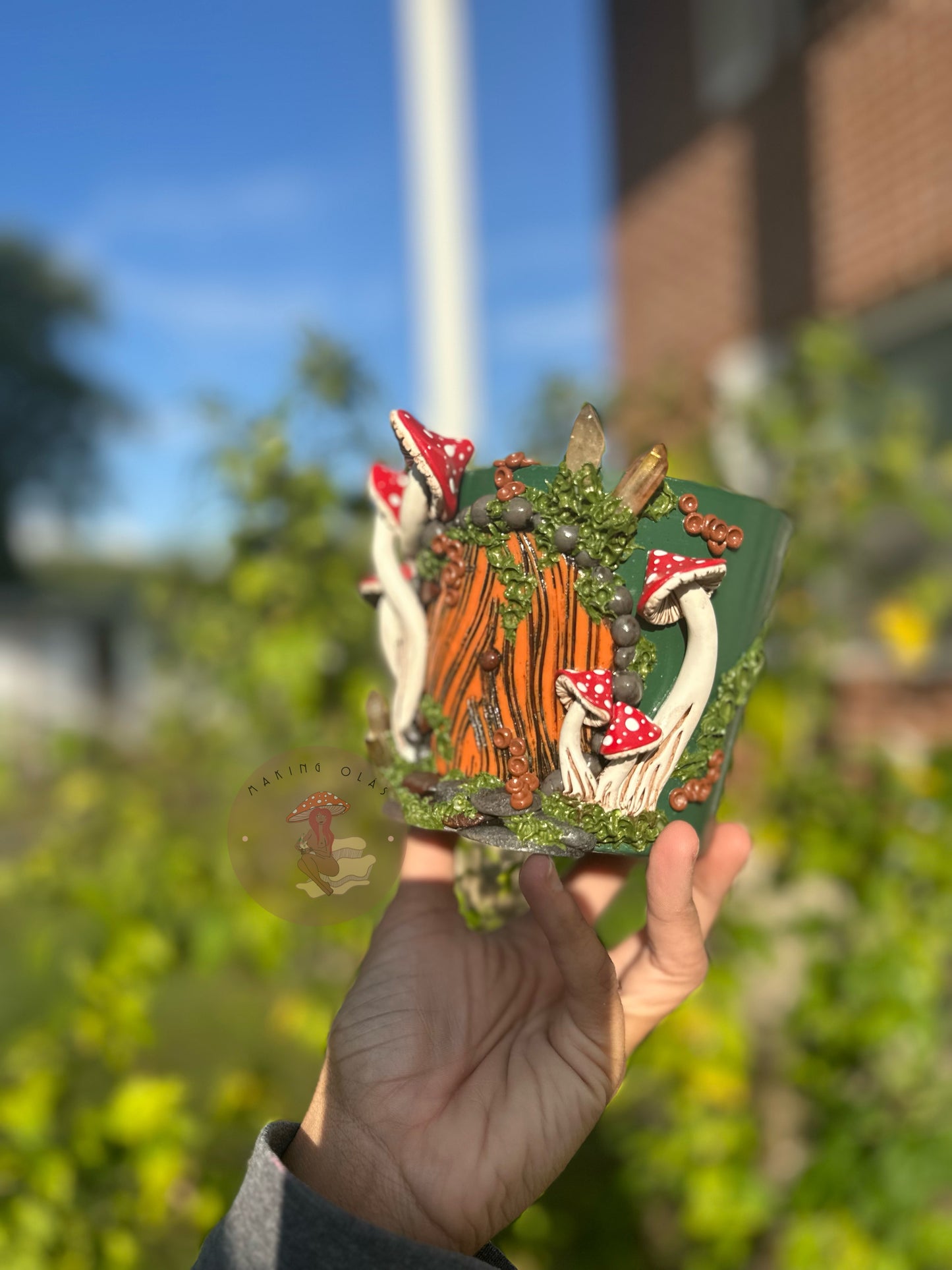 Plant Pot | 4” tall Fairy House with Red Mushies + Quartz