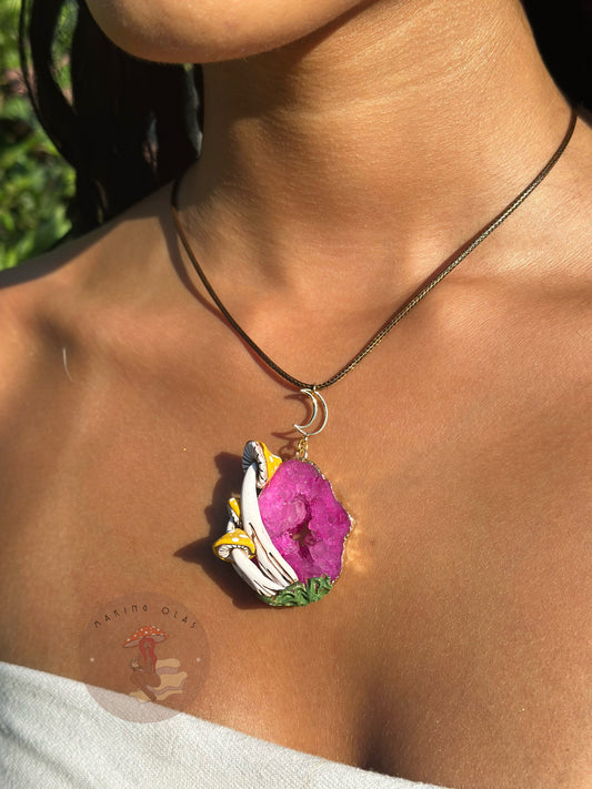 Necklace | Hot Pink Quartz Cluster with Yellow Mushrooms