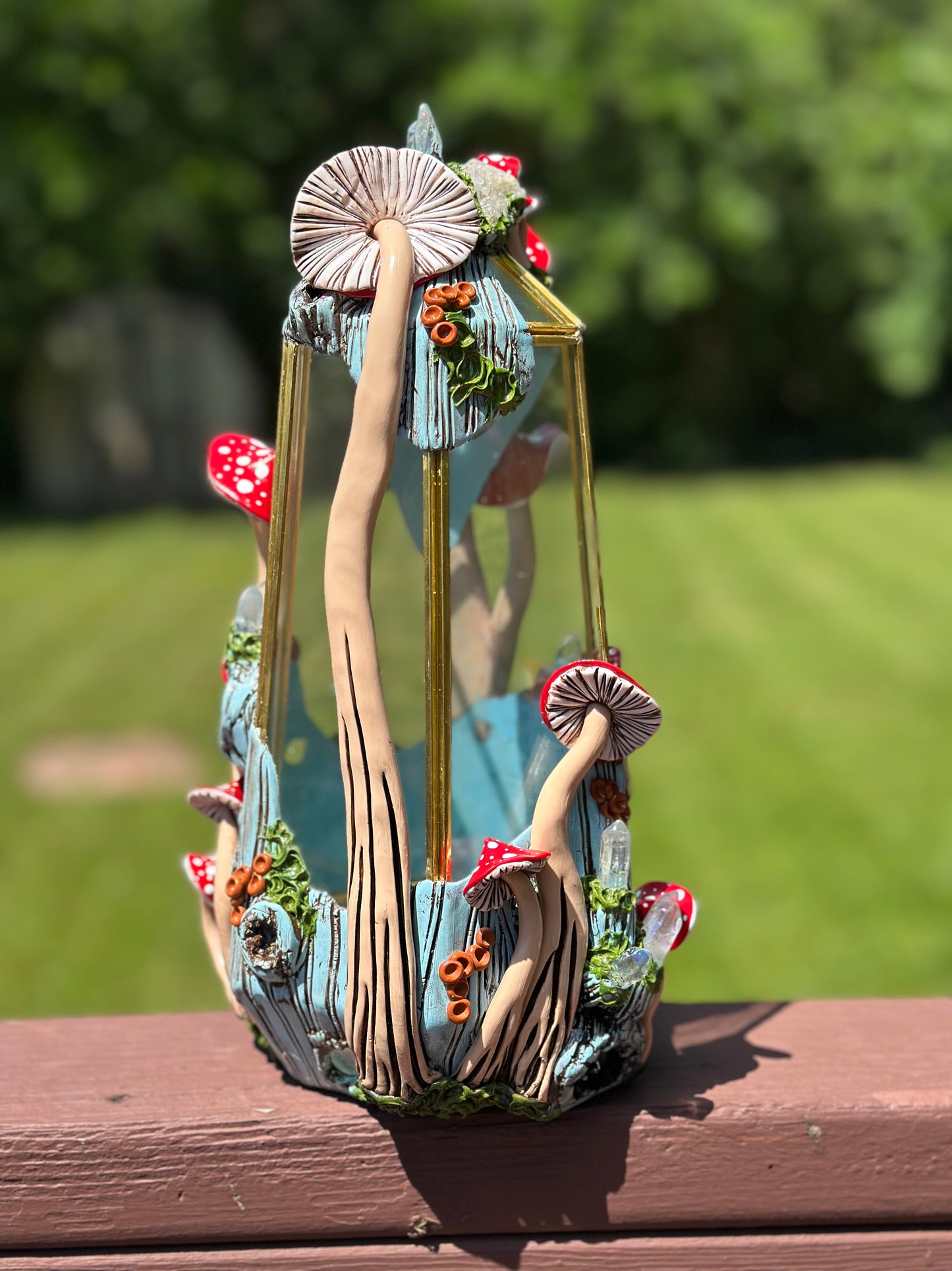 Terrarium | Skyblue Wood with Red Mushies Quartz + Quartz Clusters