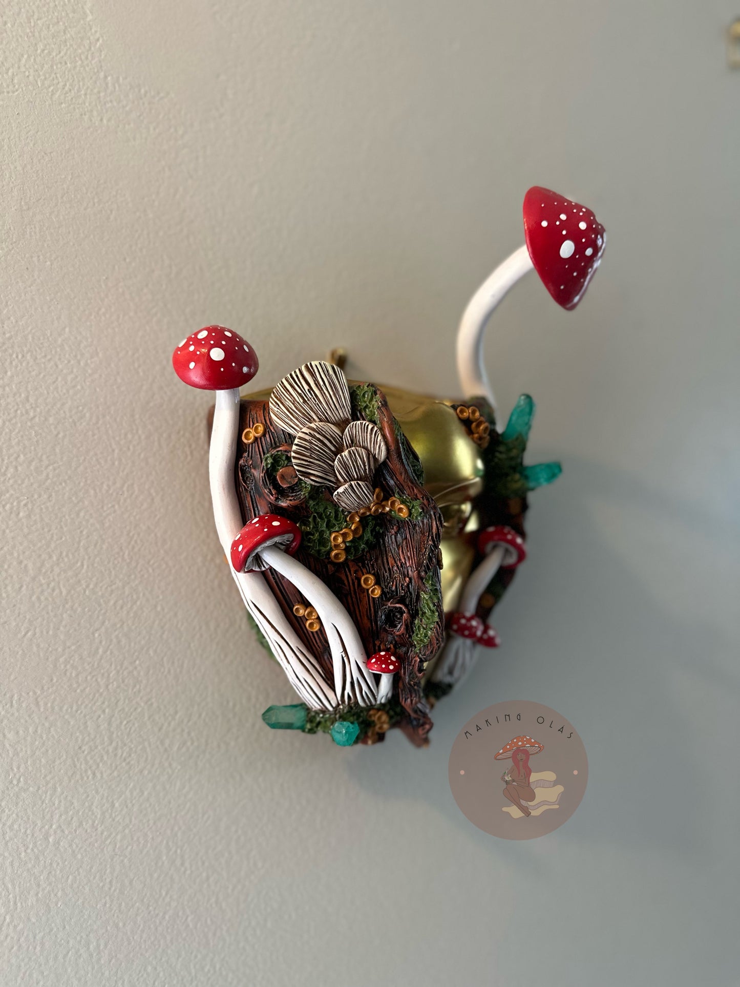 Hanging Wall Planter | Golden face Red Mushrooms Goddess with Quartz