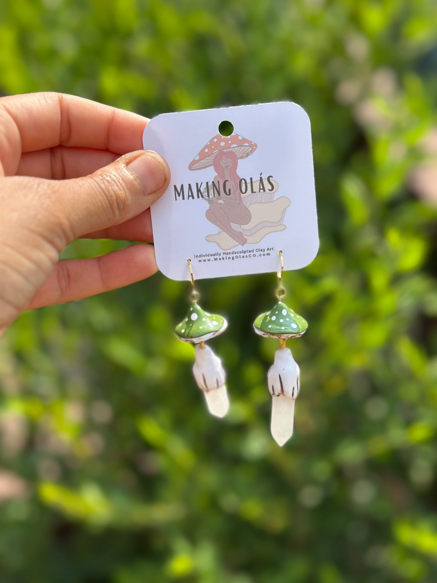 Earrings | Green Mushies with Rose Quartz