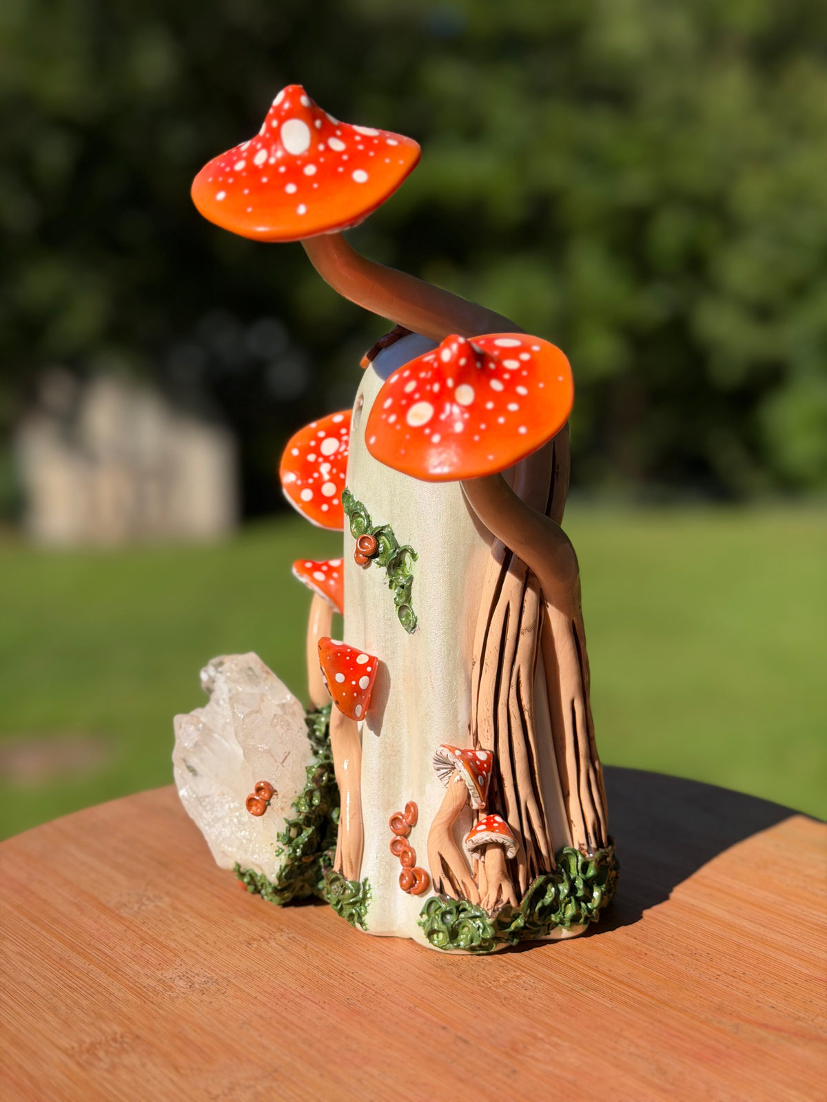 Ghost with Red|Orange Mushrooms and Quartz Cluster