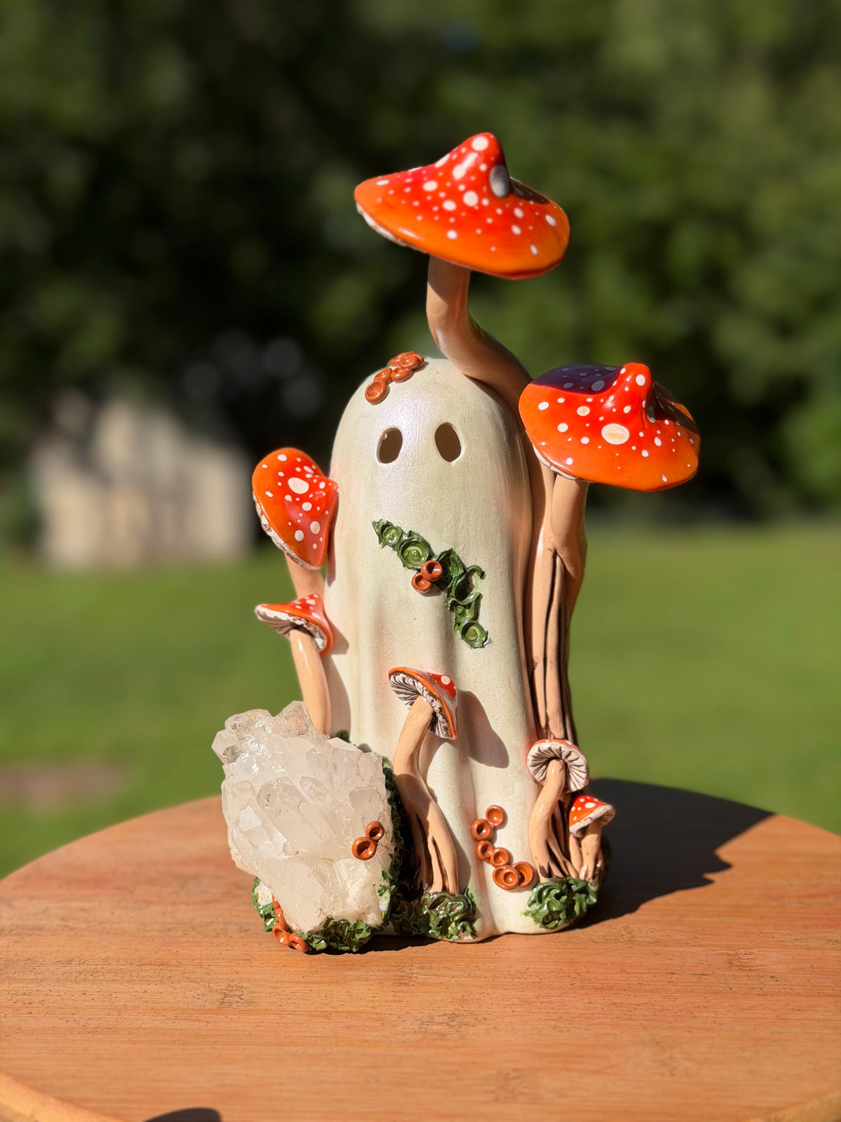 Ghost with Red|Orange Mushrooms and Quartz Cluster