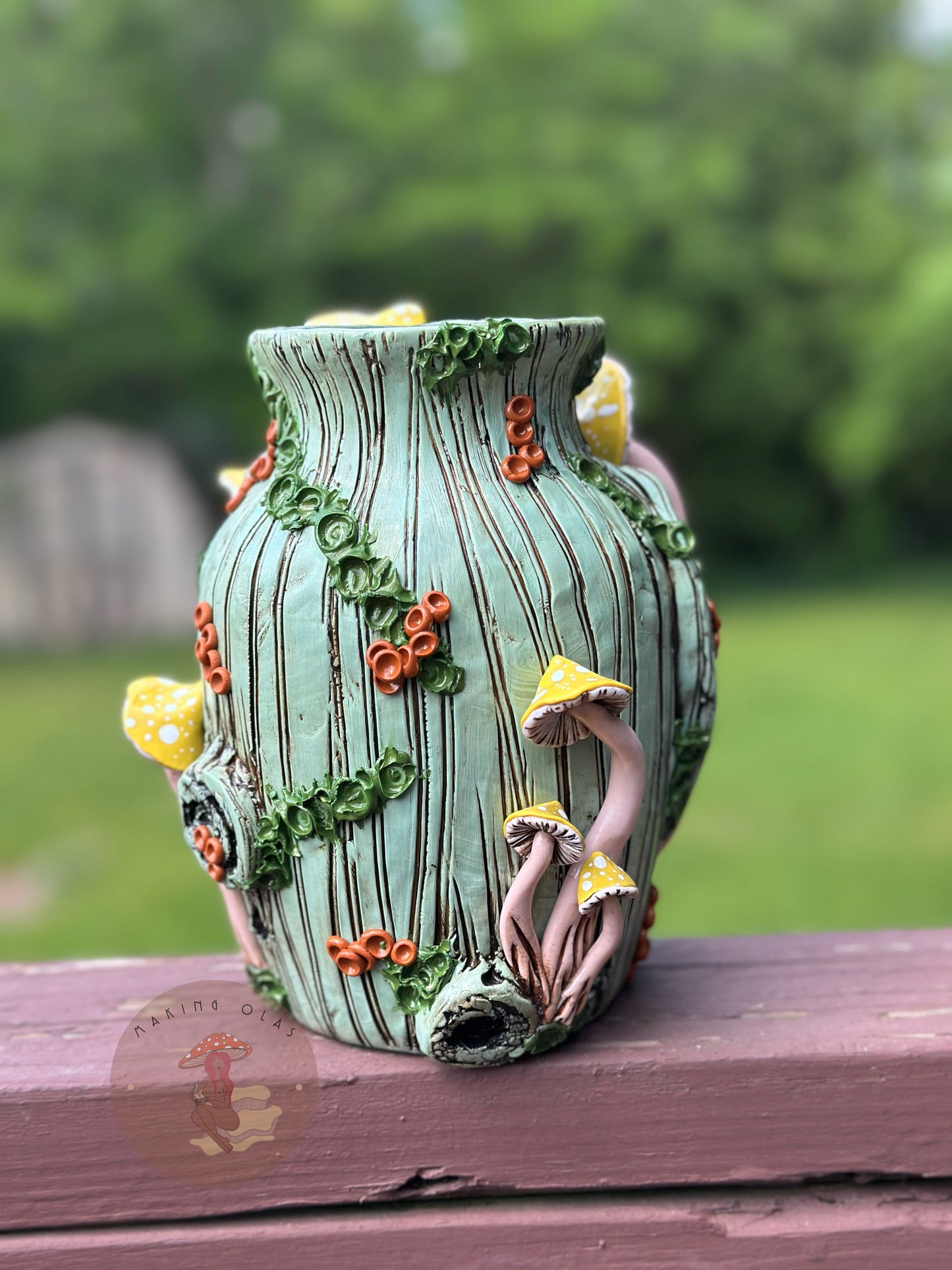 Vase | Yellow Mushrooms on Sage Wood with Triple Ocean Agates