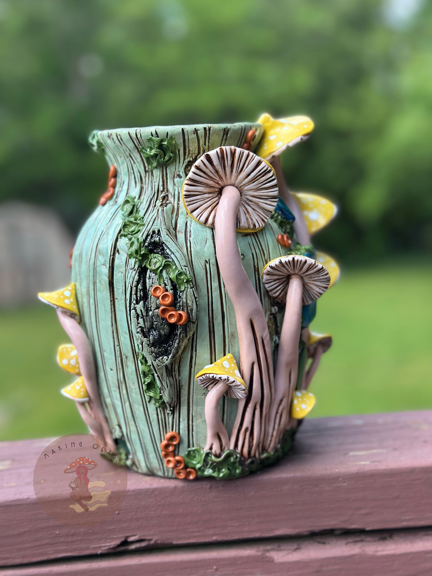 Vase | Yellow Mushrooms on Sage Wood with Triple Ocean Agates