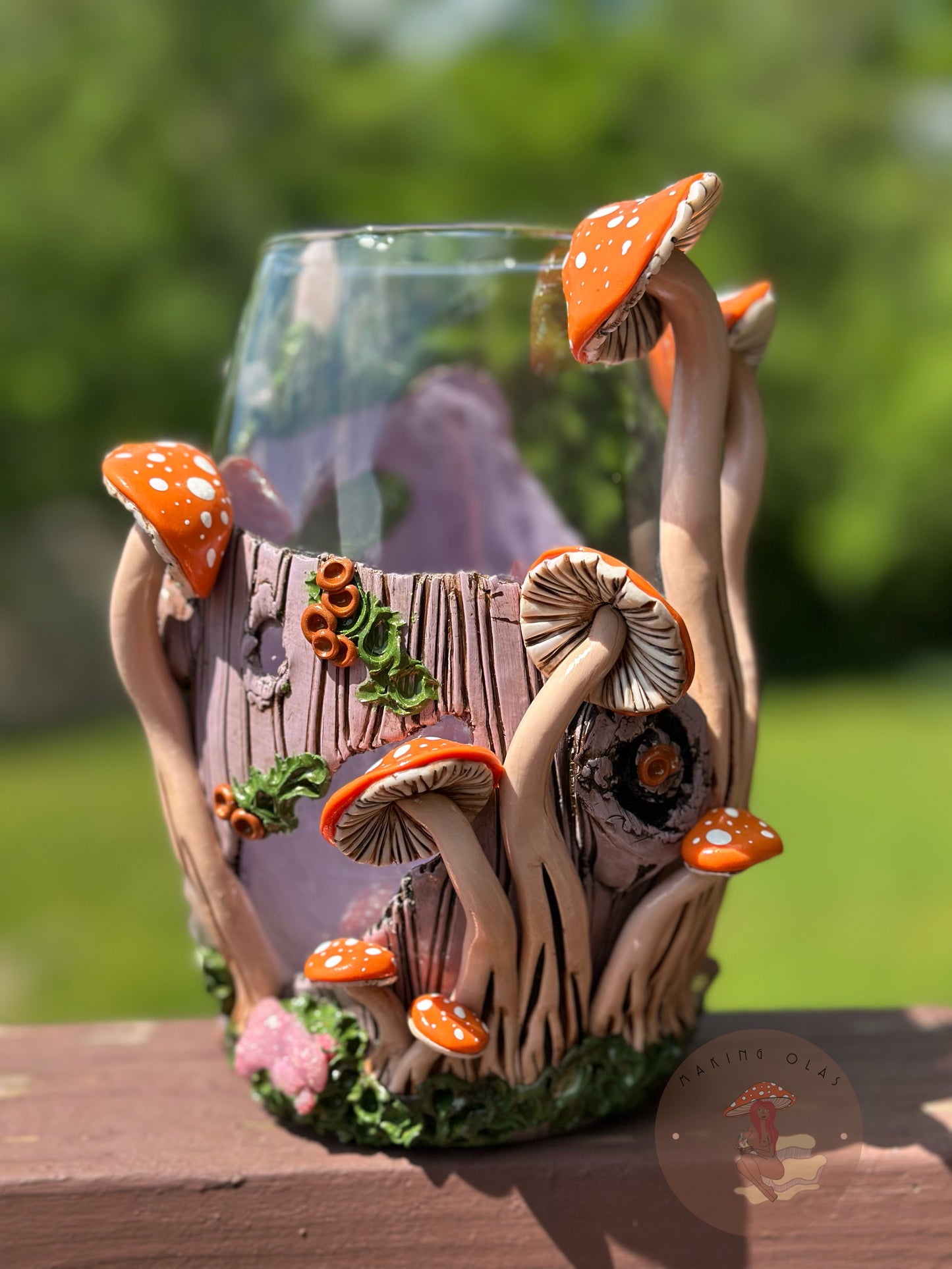 Vase | Orange Mushrooms on Lilac Wood with Quartz and Clusters