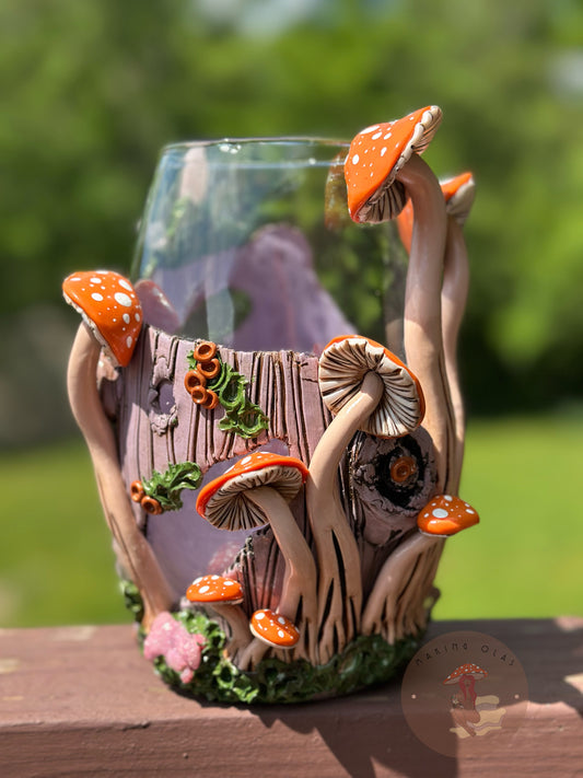 Vase | Orange Mushrooms on Lilac Wood with Quartz and Clusters