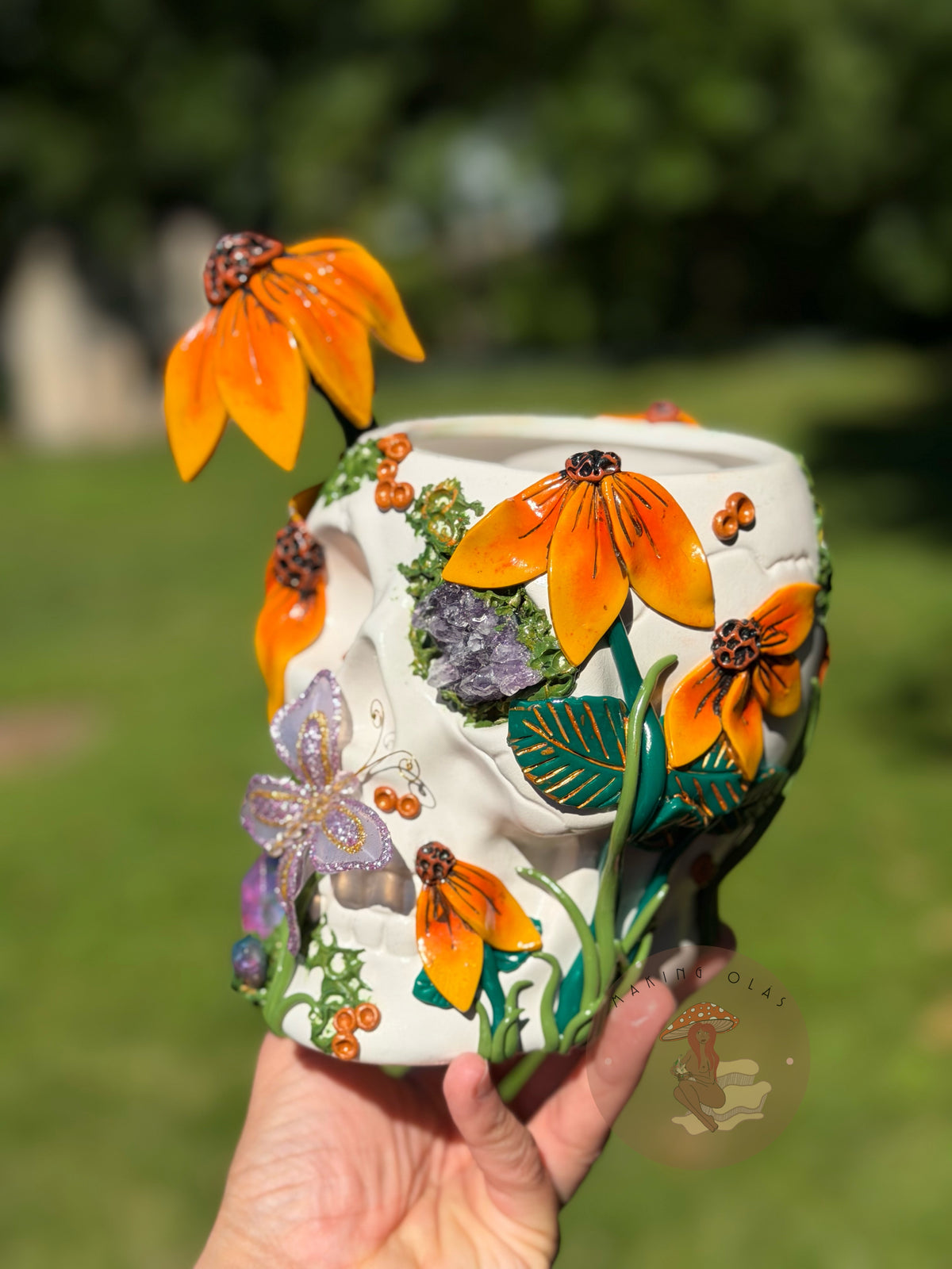 Skull Plant Pot | Sunflowers with Amethyst + Quartz