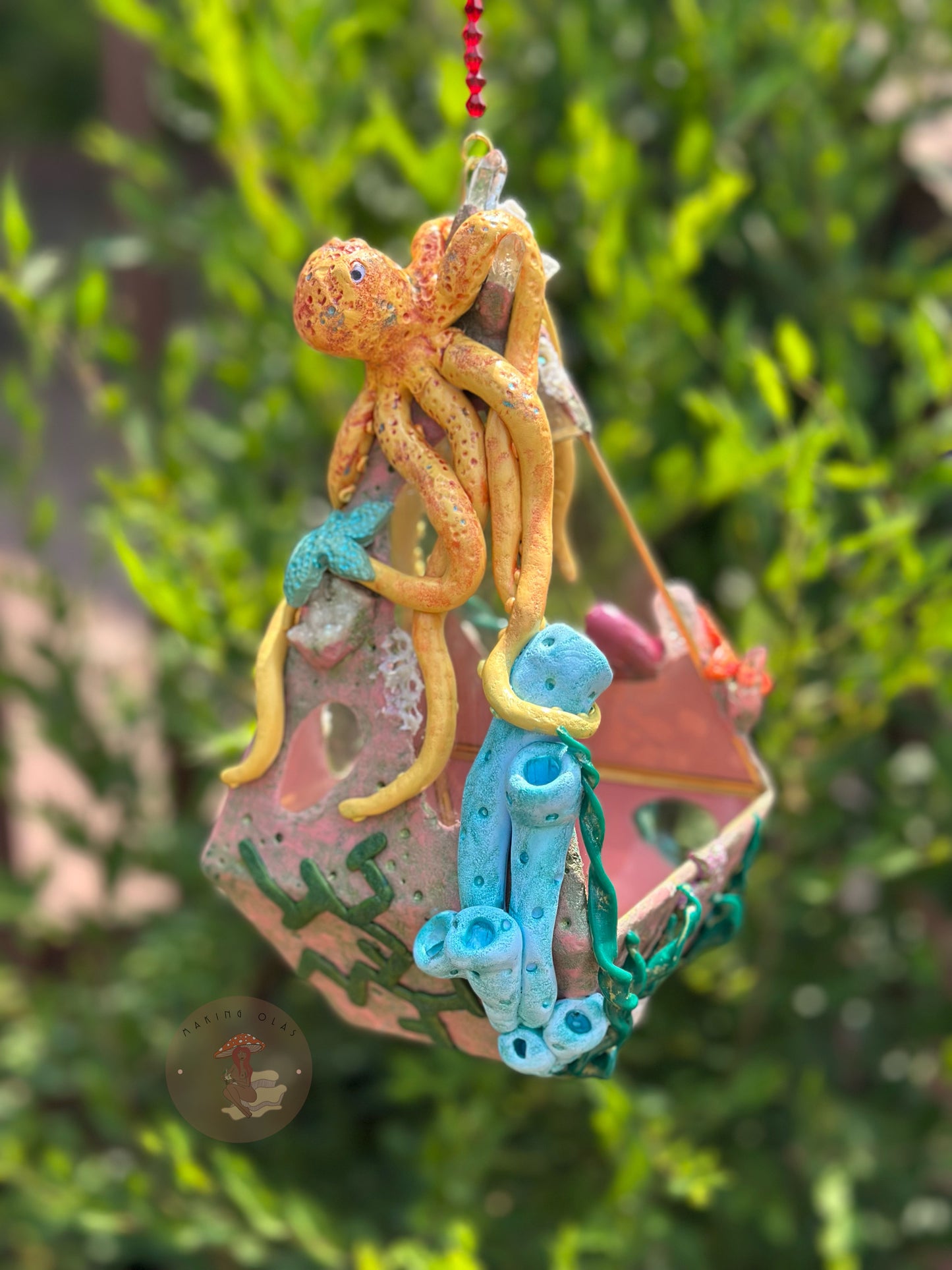 Hanging Terrarium | Yellow Octopus Ocean Floor with Quartz, Clusters and Opalite