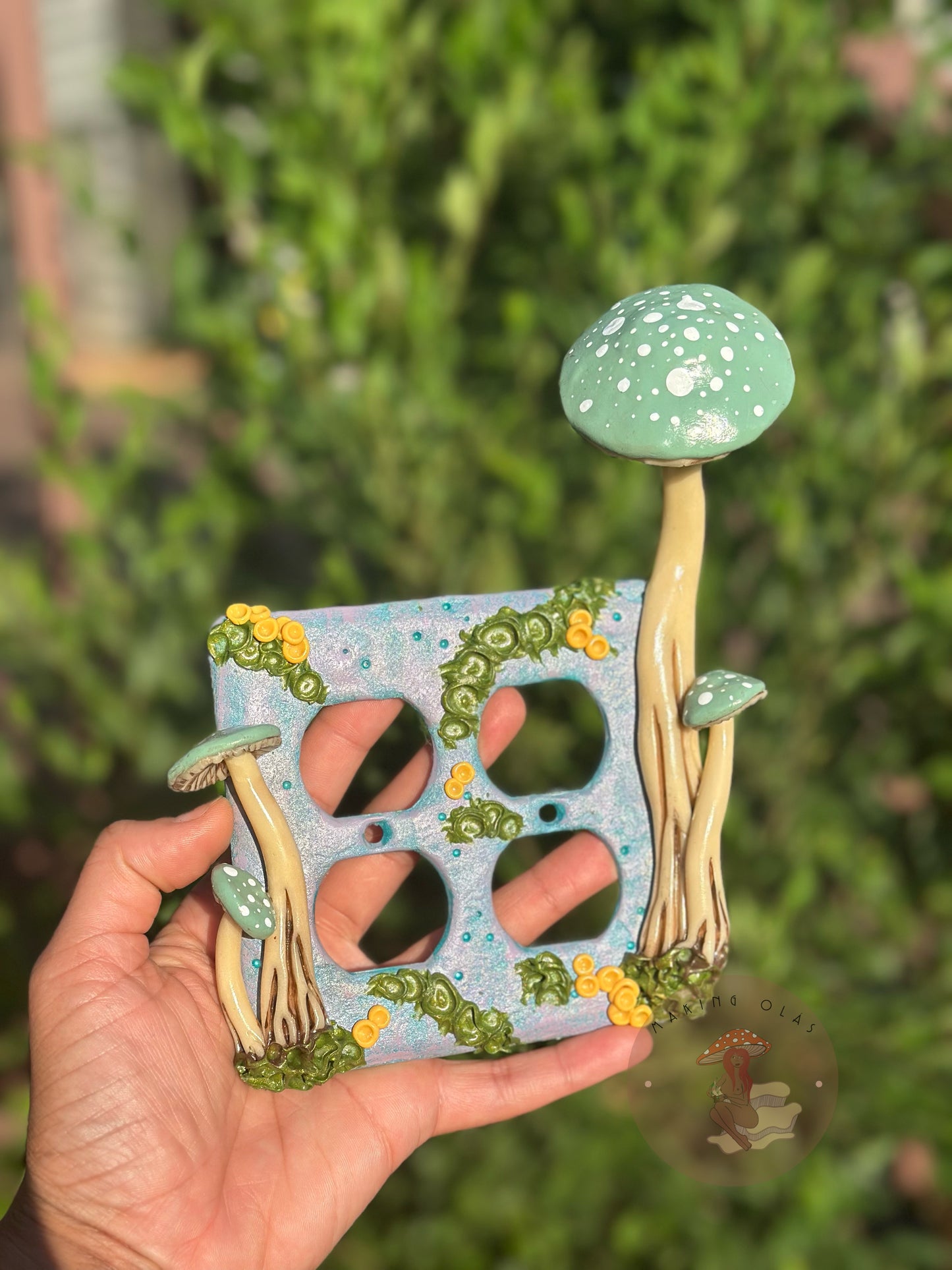 Single +Double Outlet Cover Set | Glow in the dark Teal Mushrooms on Sky Blue
