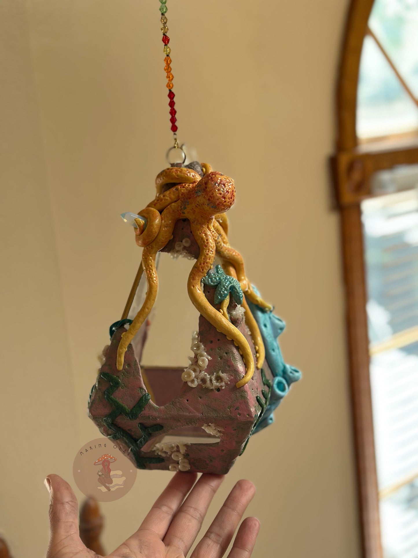 Hanging Terrarium | Yellow Octopus Ocean Floor with Quartz, Clusters and Opalite