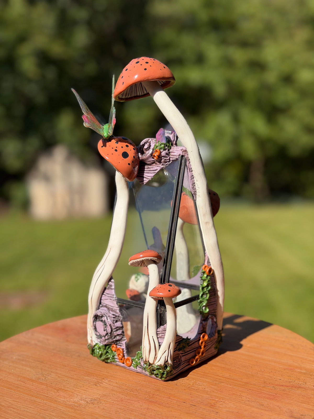 Terrarium | Coral Orange Mushrooms with Quartz + Butterfly
