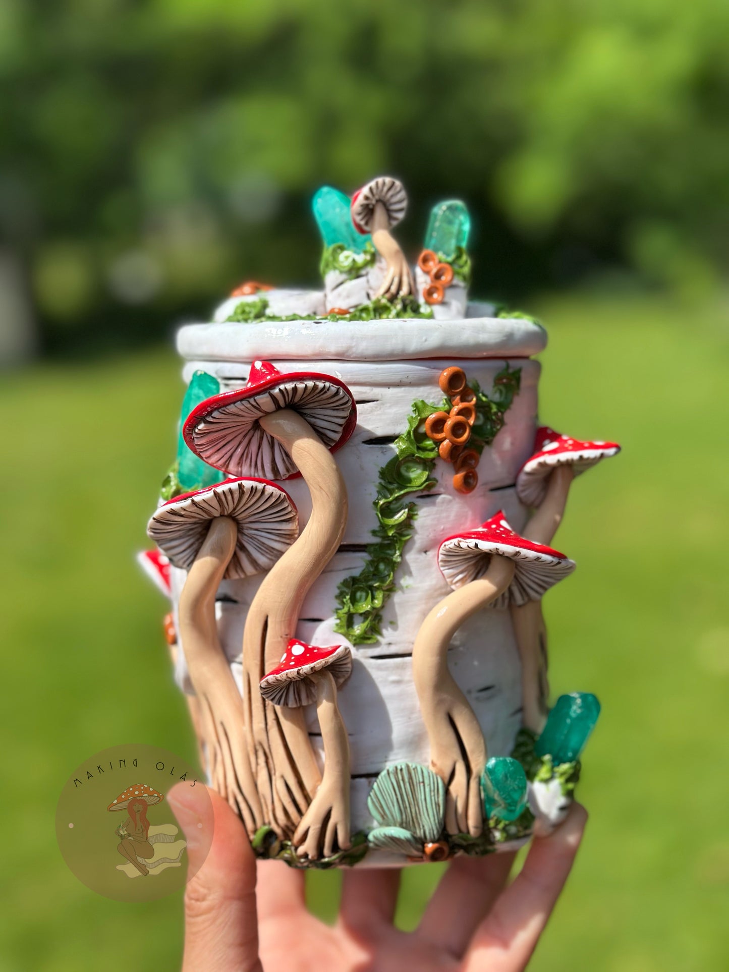 Jar | Red Mushrooms on Birch Wood with Green Quartz