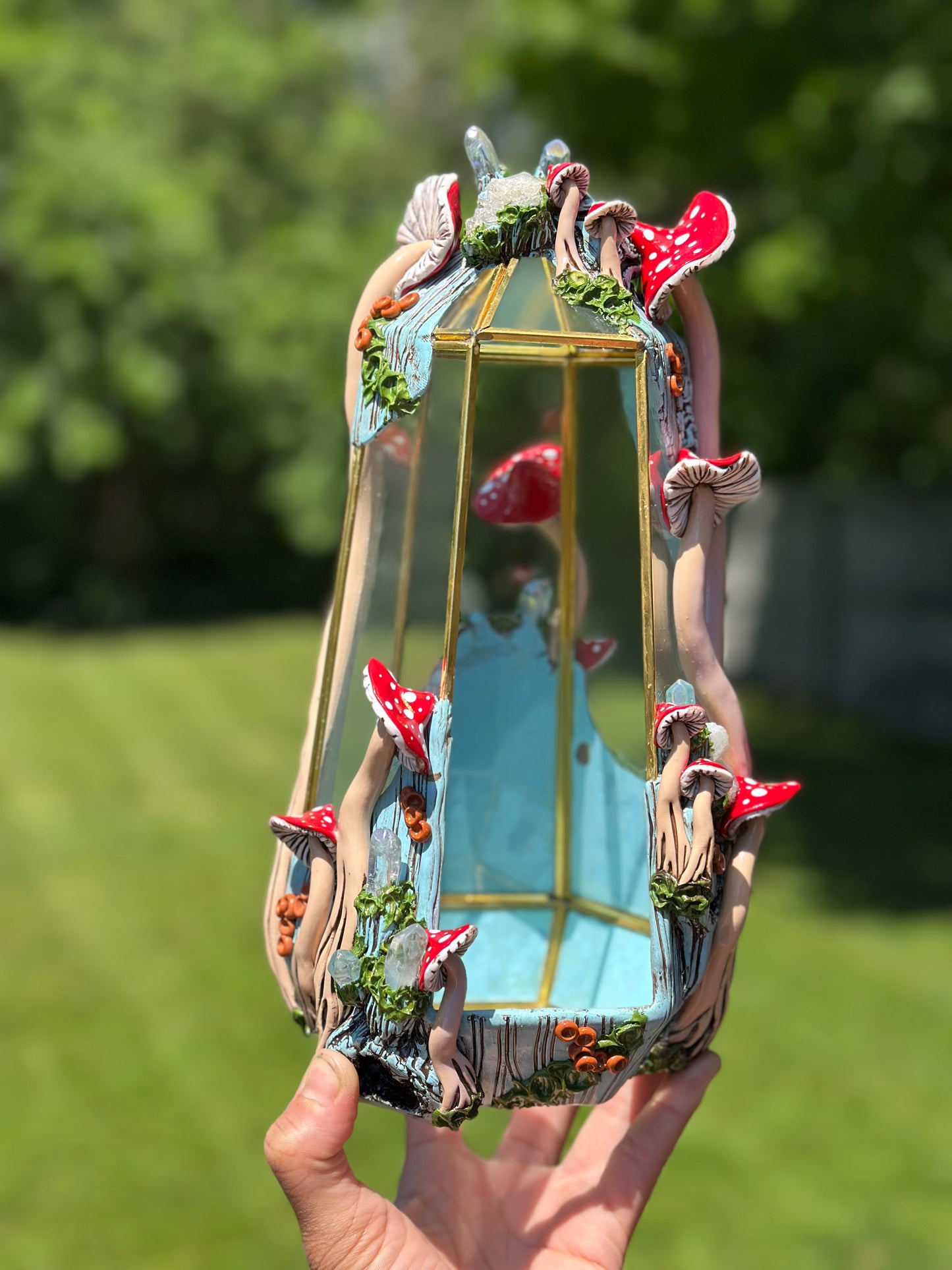 Terrarium | Skyblue Wood with Red Mushies Quartz + Quartz Clusters
