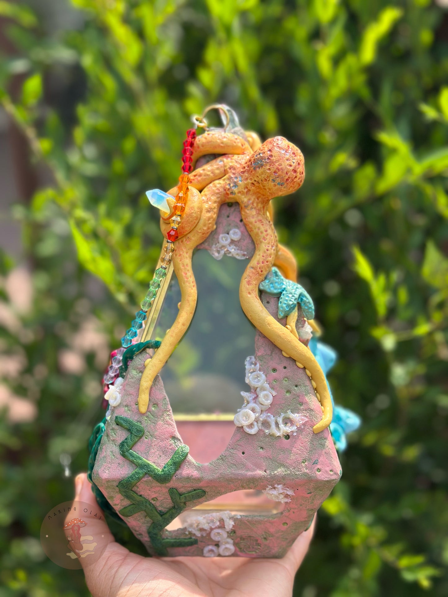 Hanging Terrarium | Yellow Octopus Ocean Floor with Quartz, Clusters and Opalite