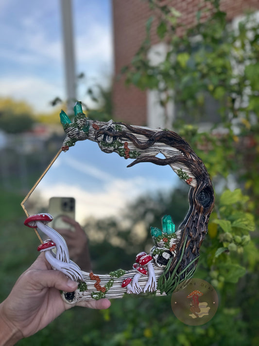 Hanging Mirror | Tree with Red Mushrooms and Quartz