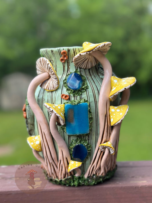 Vase | Yellow Mushrooms on Sage Wood with Triple Ocean Agates
