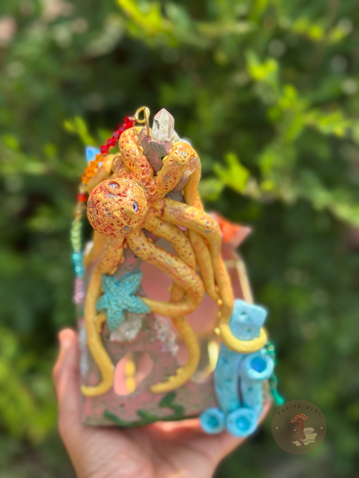 Hanging Terrarium | Yellow Octopus Ocean Floor with Quartz, Clusters and Opalite