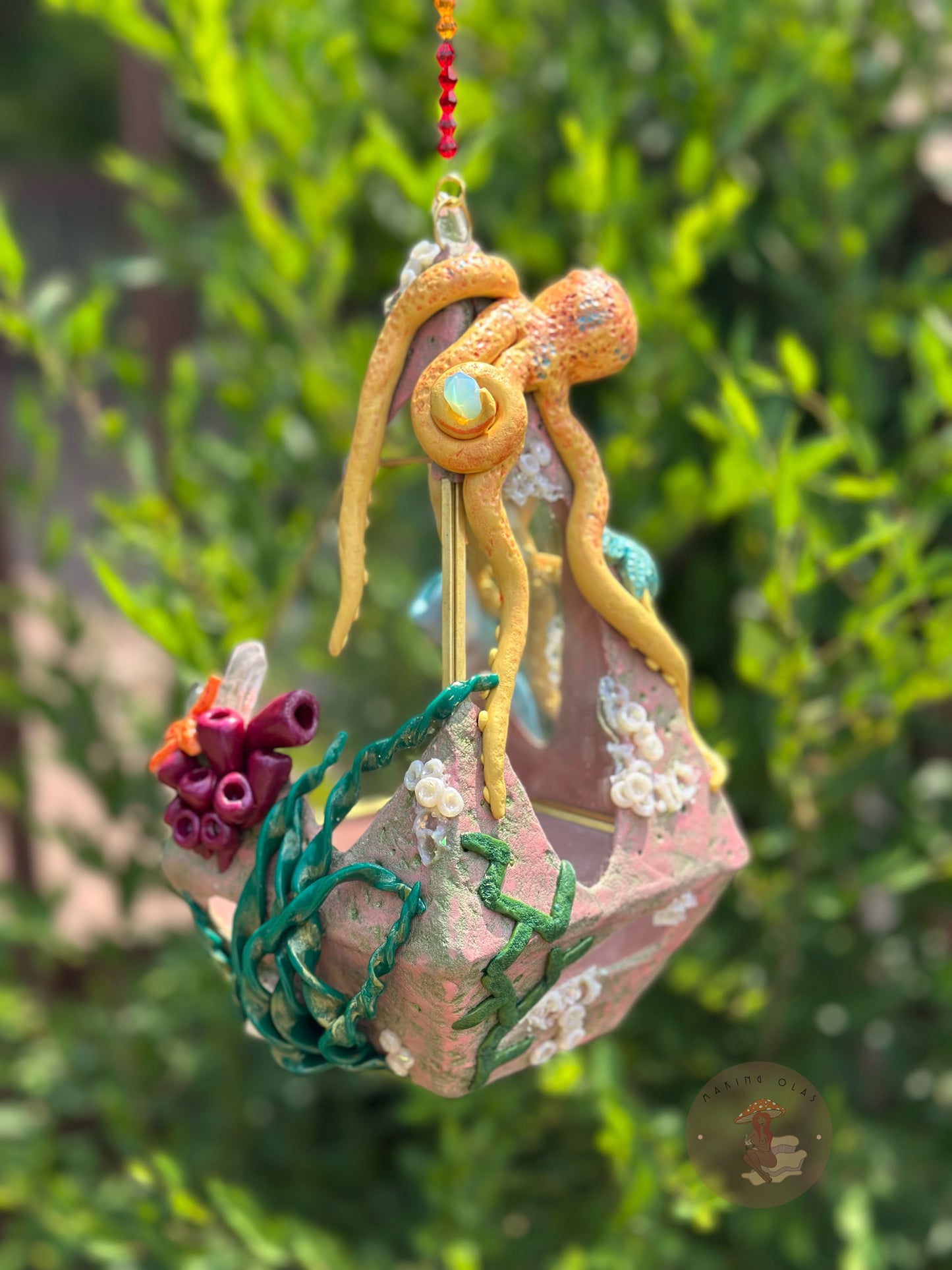 Hanging Terrarium | Yellow Octopus Ocean Floor with Quartz, Clusters and Opalite