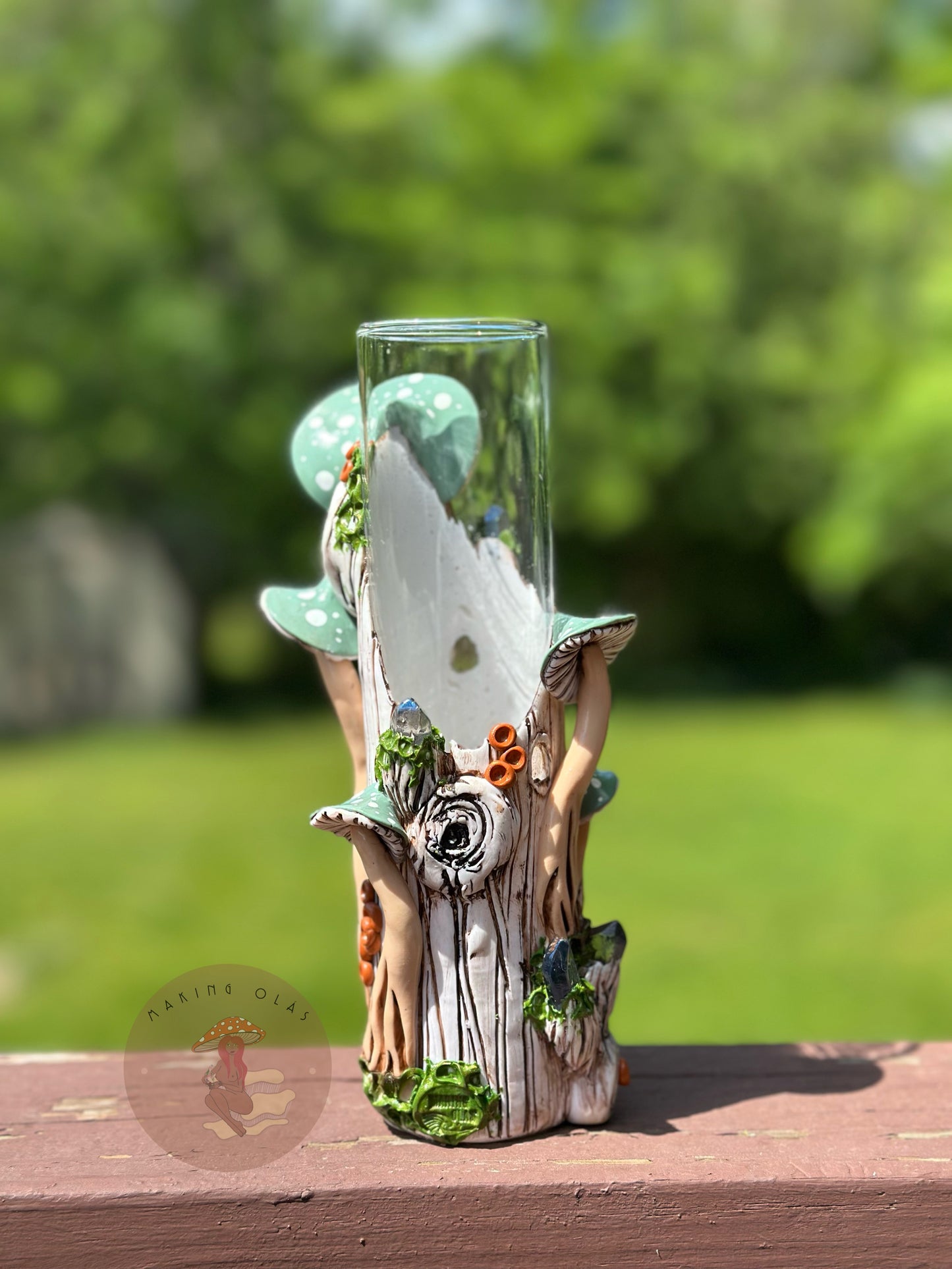 Vase | Sage Mushrooms on White Wood with Quartz