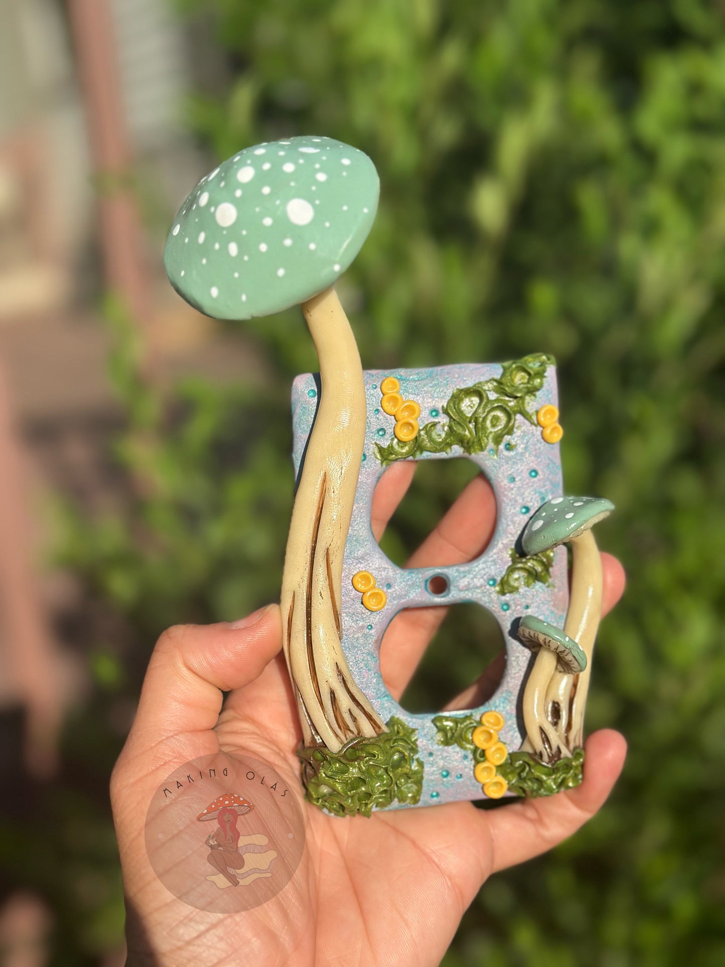 Single +Double Outlet Cover Set | Glow in the dark Teal Mushrooms on Sky Blue