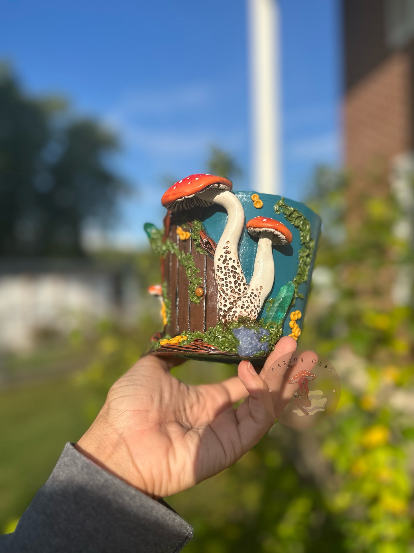 Plant Pot | 4” tall Fairy House with Orange Mushies + Quartz