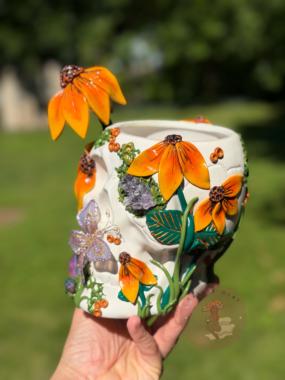 Skull Plant Pot | Sunflowers with Amethyst + Quartz
