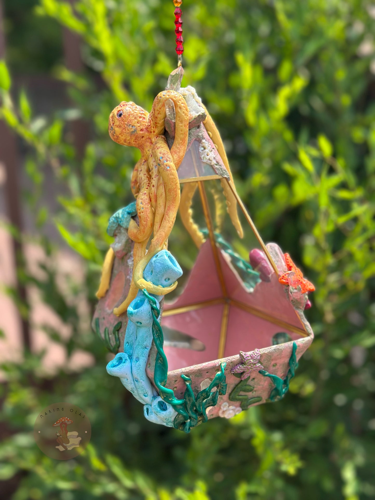 Hanging Terrarium | Yellow Octopus Ocean Floor with Quartz, Clusters and Opalite