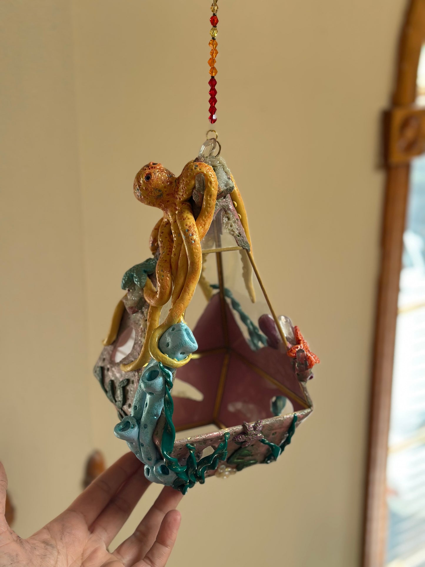 Hanging Terrarium | Yellow Octopus Ocean Floor with Quartz, Clusters and Opalite