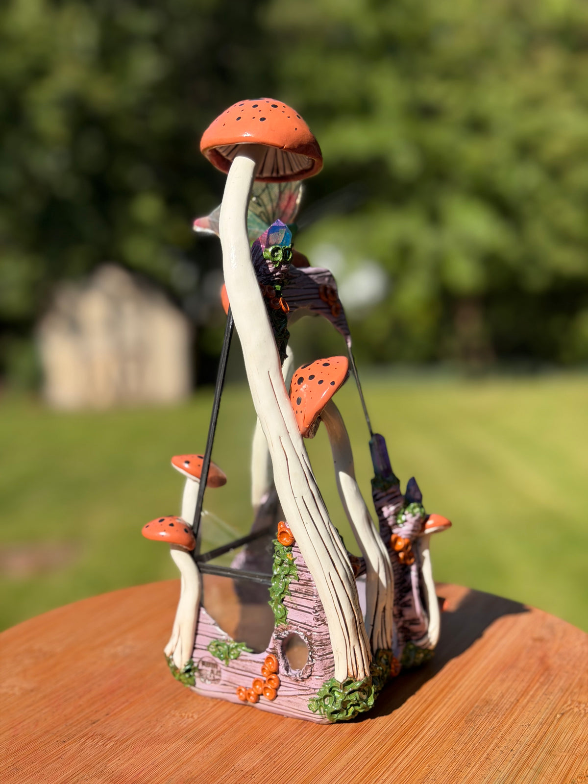Terrarium | Coral Orange Mushrooms with Quartz + Butterfly