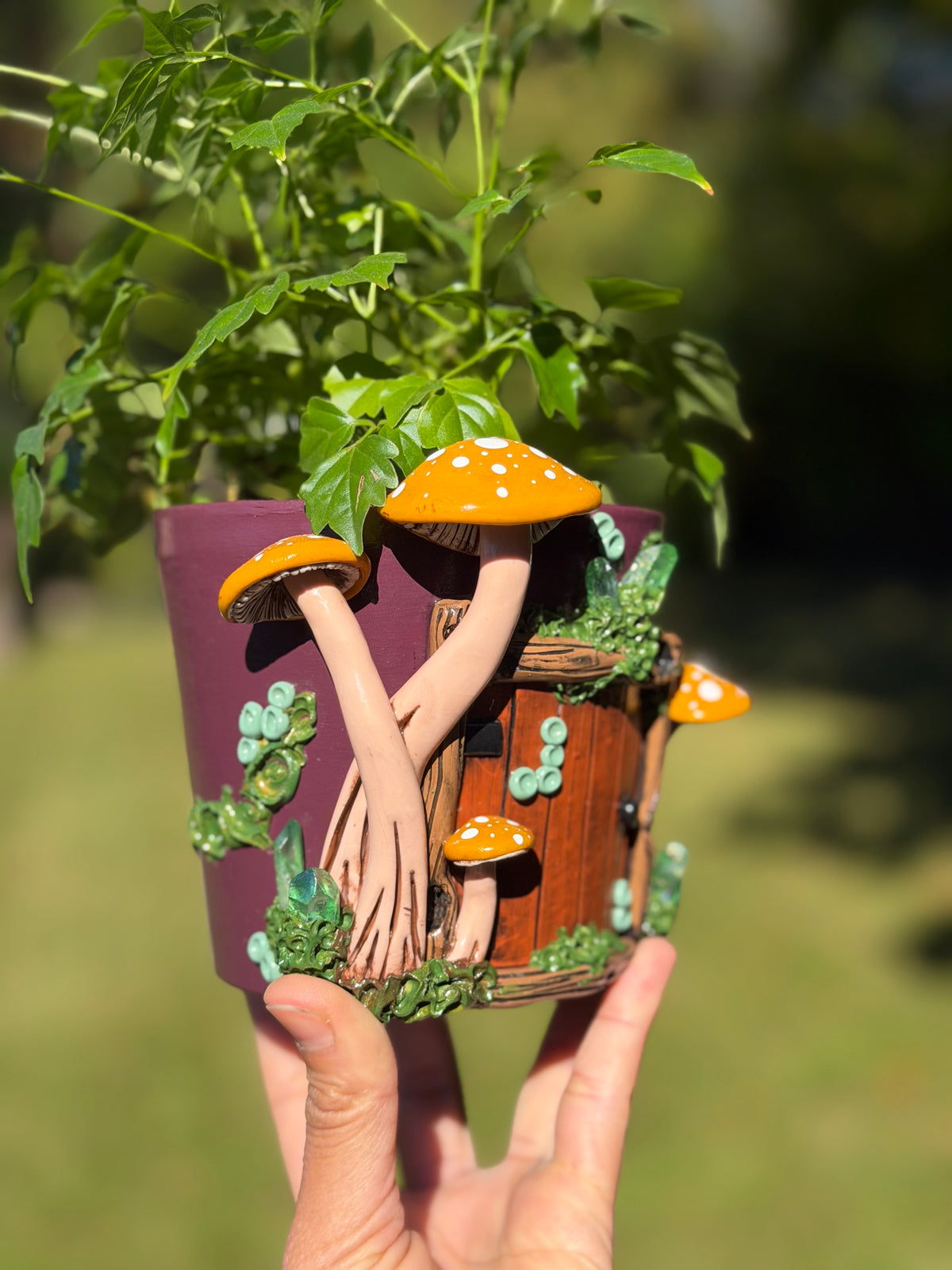 Plant Pot | Yellow Mushrooms + Quartz Fairy House Door