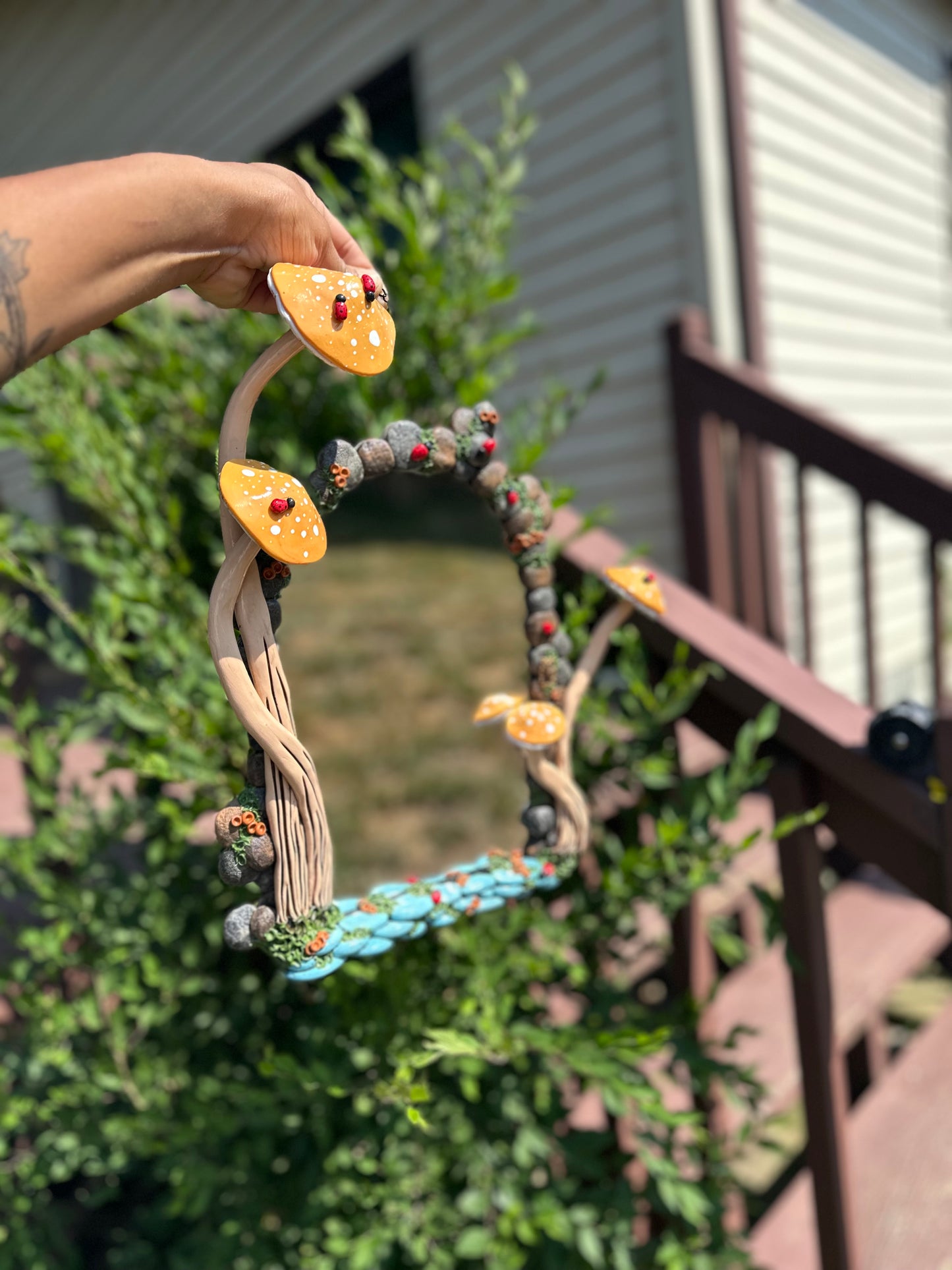 Door Hanging Mirror | Peach Mushrooms and Ladybug Garden Portal