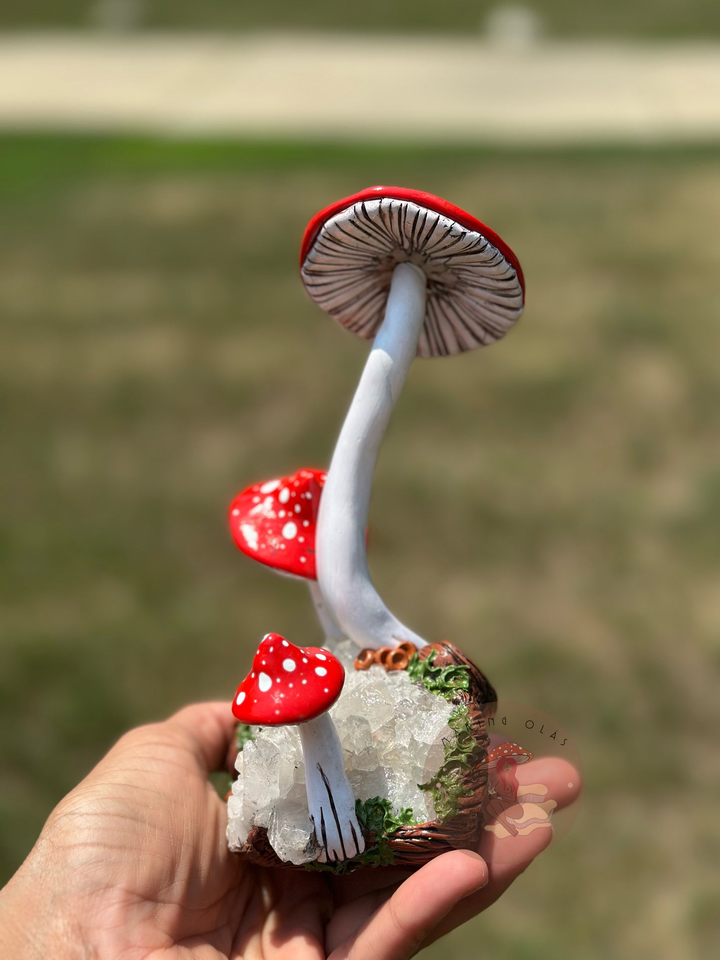 Quartz Cluster with Red Mushrooms Sculpture