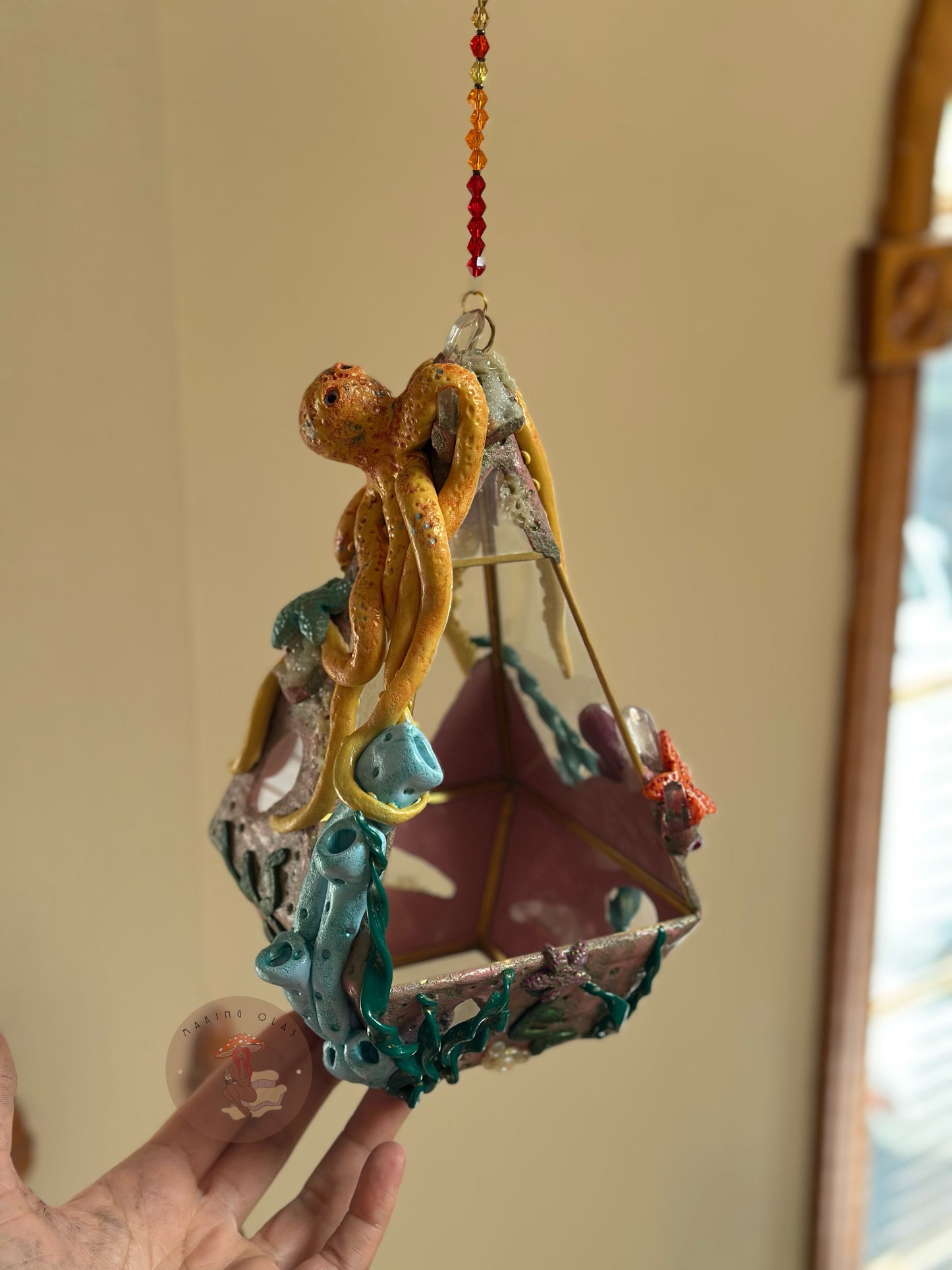 Hanging Terrarium | Yellow Octopus Ocean Floor with Quartz, Clusters and Opalite