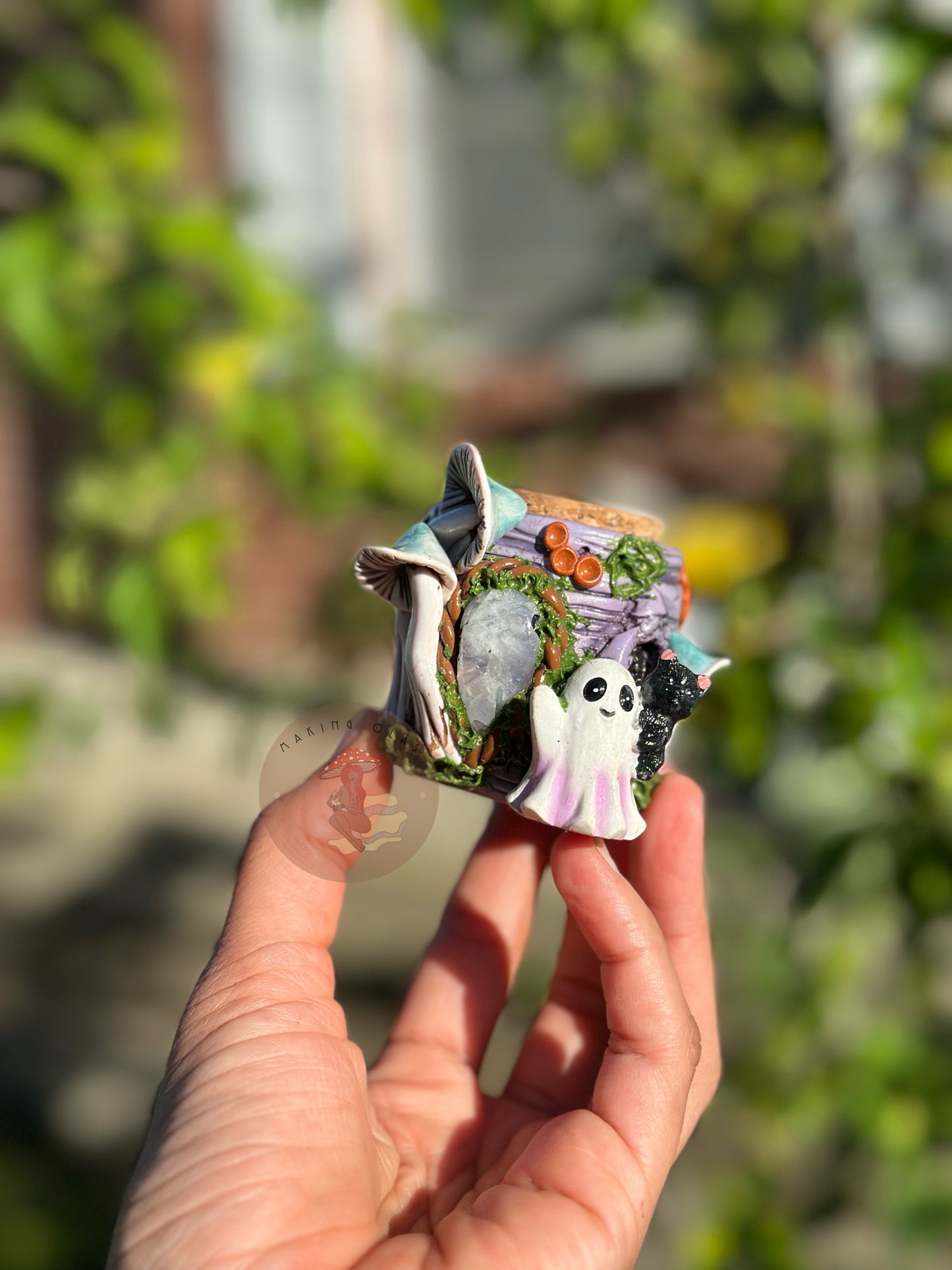 Jar | Moonstone + Ghost with Jade Mushrooms