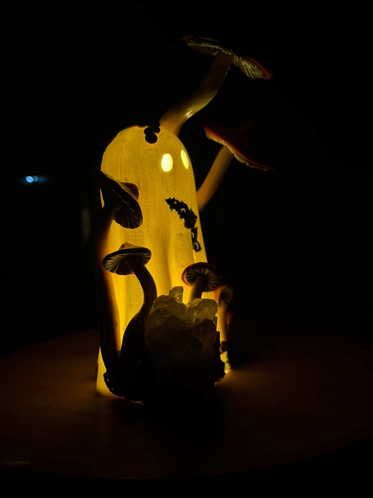 Ghost with Red|Orange Mushrooms and Quartz Cluster