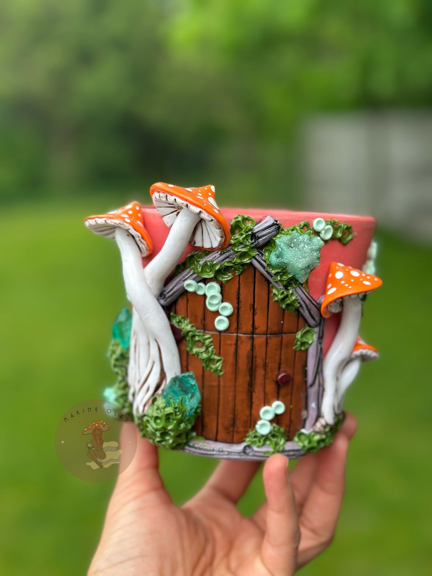 Plant Pot | 4” Tall Orange Mushrooms with Green Quartz + Quartz Clusters