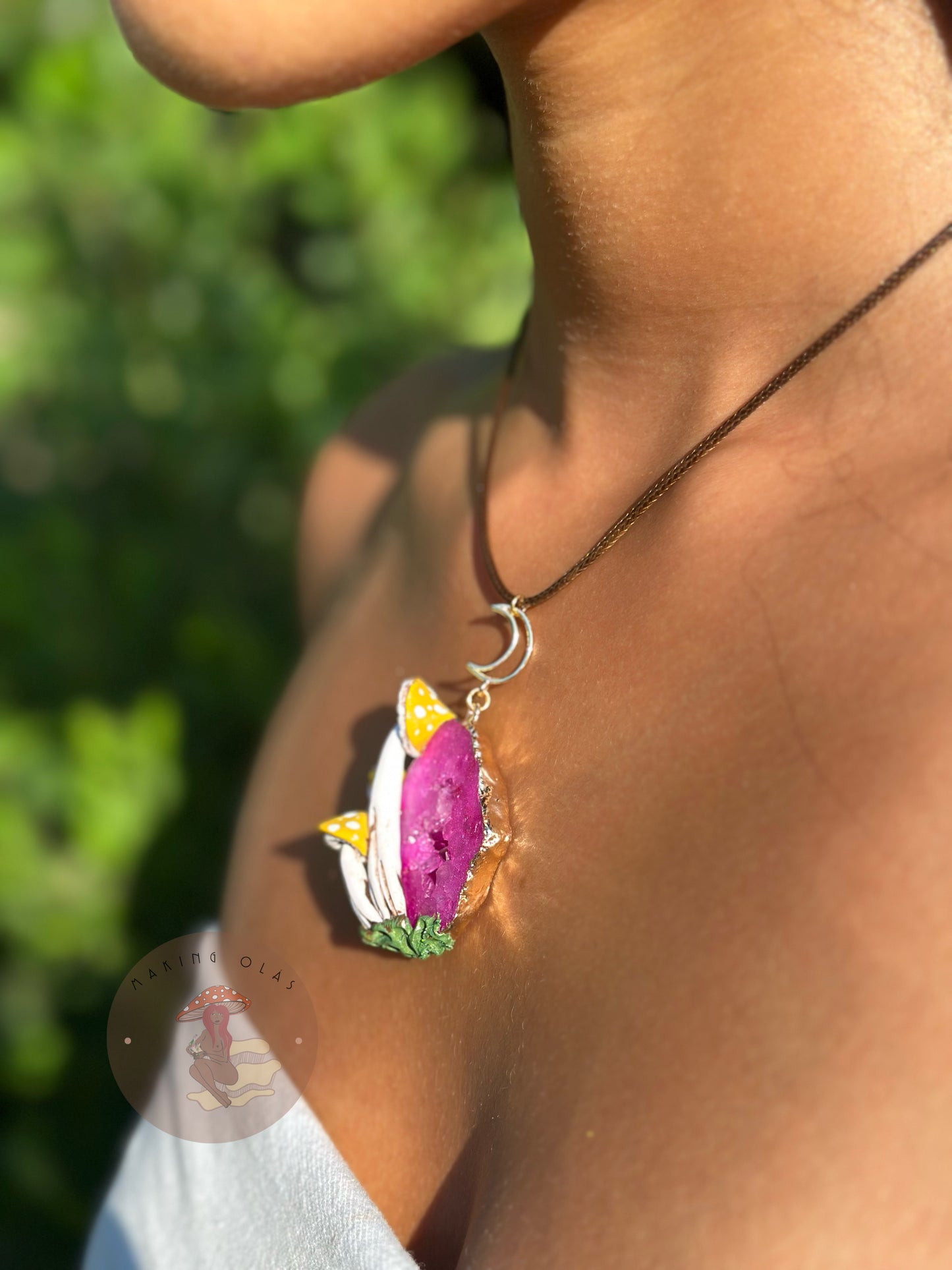 Necklace | Hot Pink Quartz Cluster with Yellow Mushrooms
